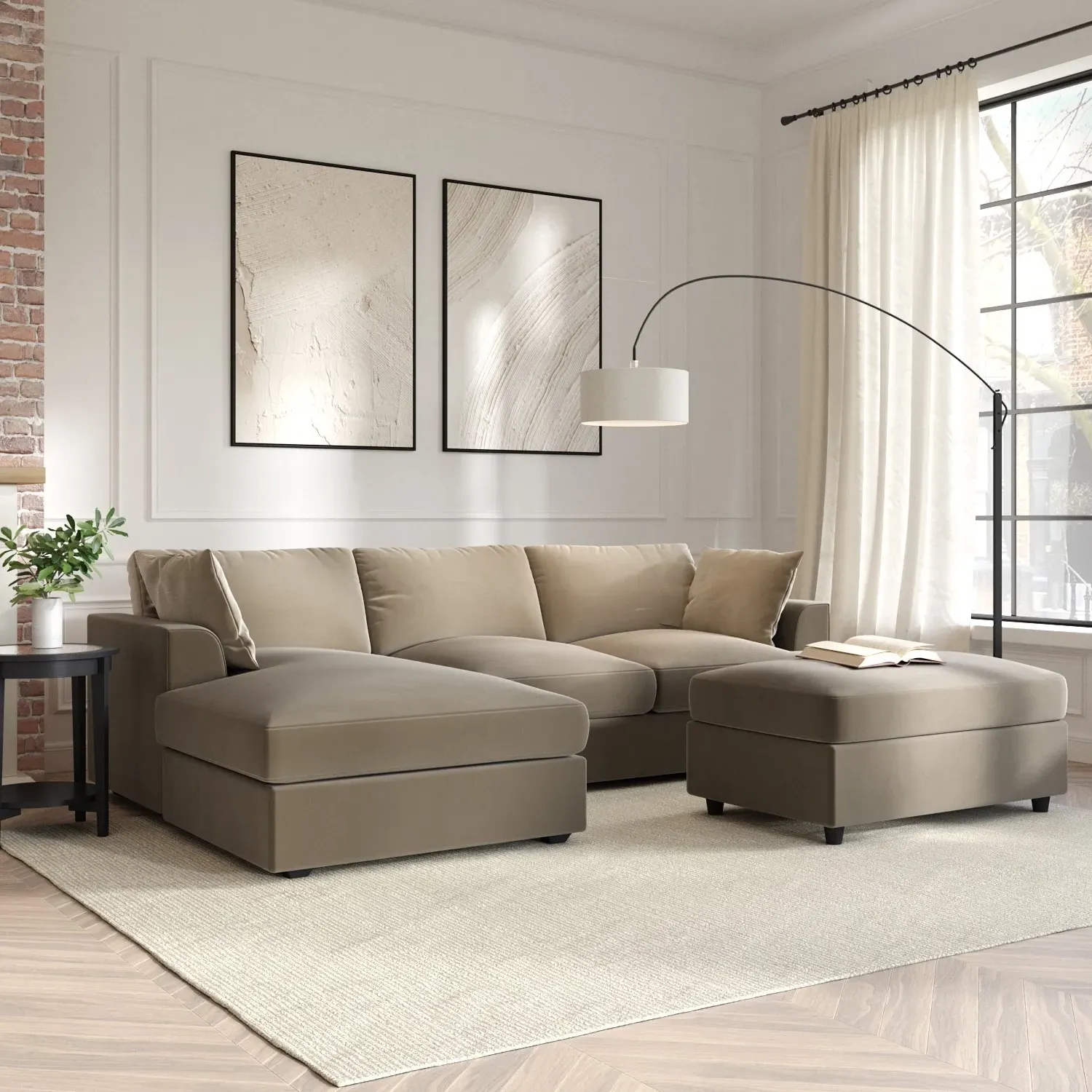 L-Shaped Corner Sofa Set with Chaise - Mink, Velvet image