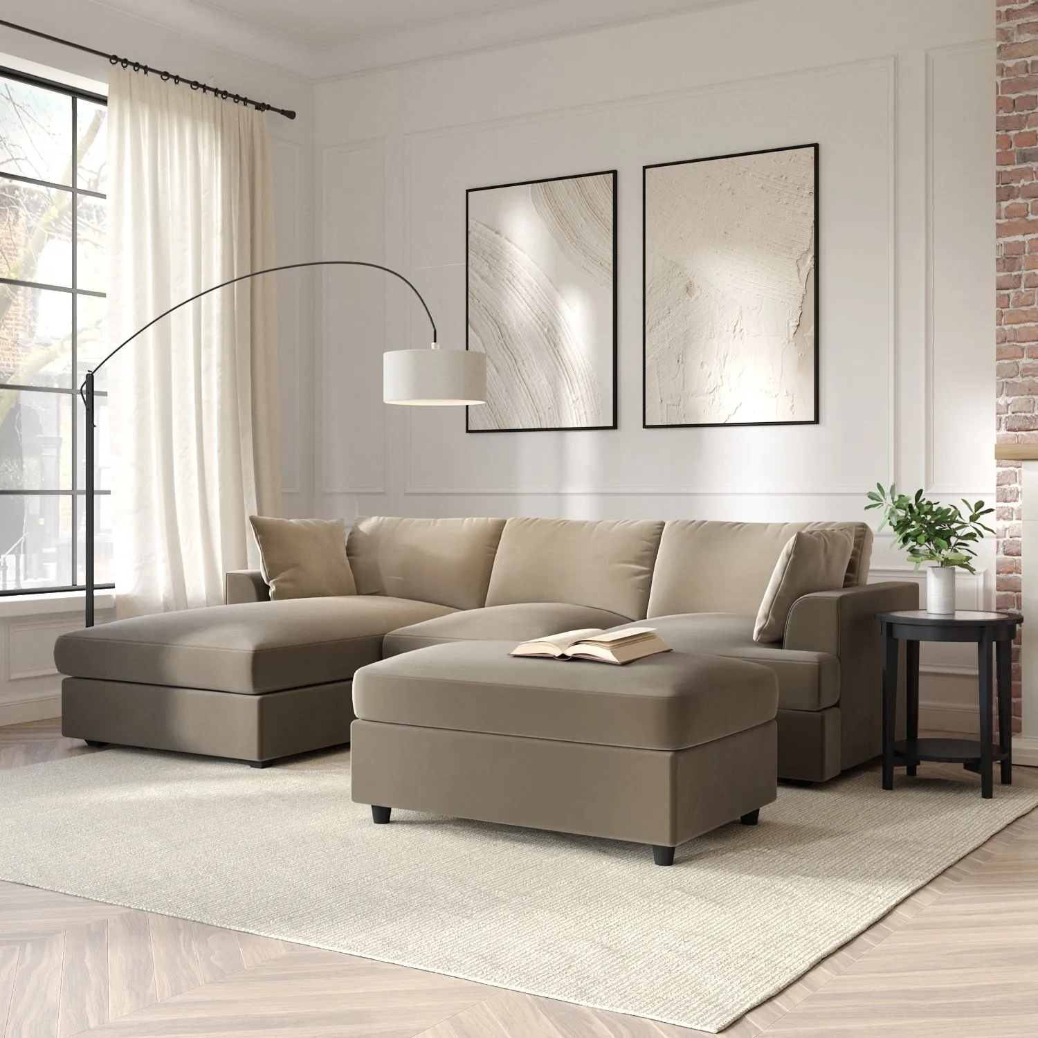 L-Shaped Corner Sofa Set with Chaise - Mink, Velvet