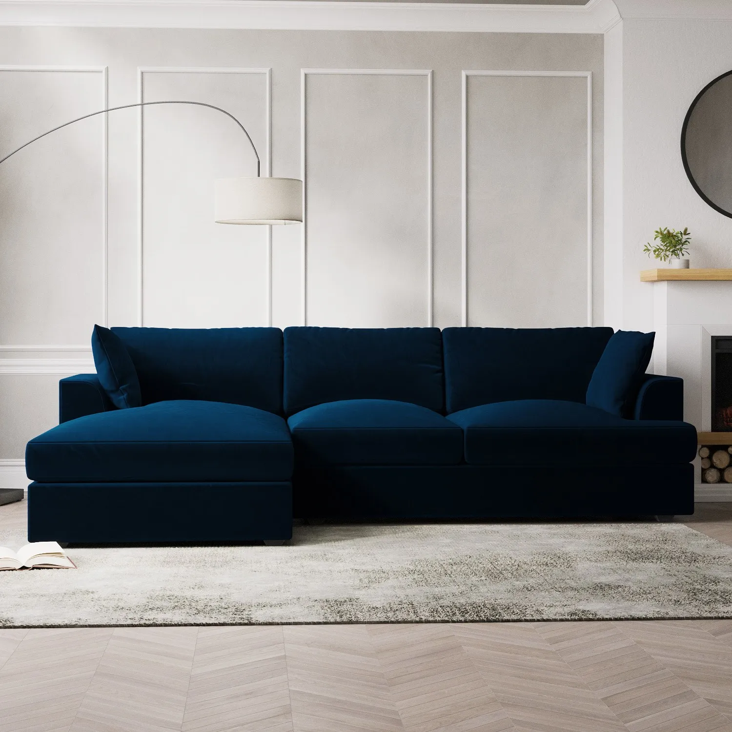 L-Shaped Corner Sofa Set with Chaise - Navy, Velvet