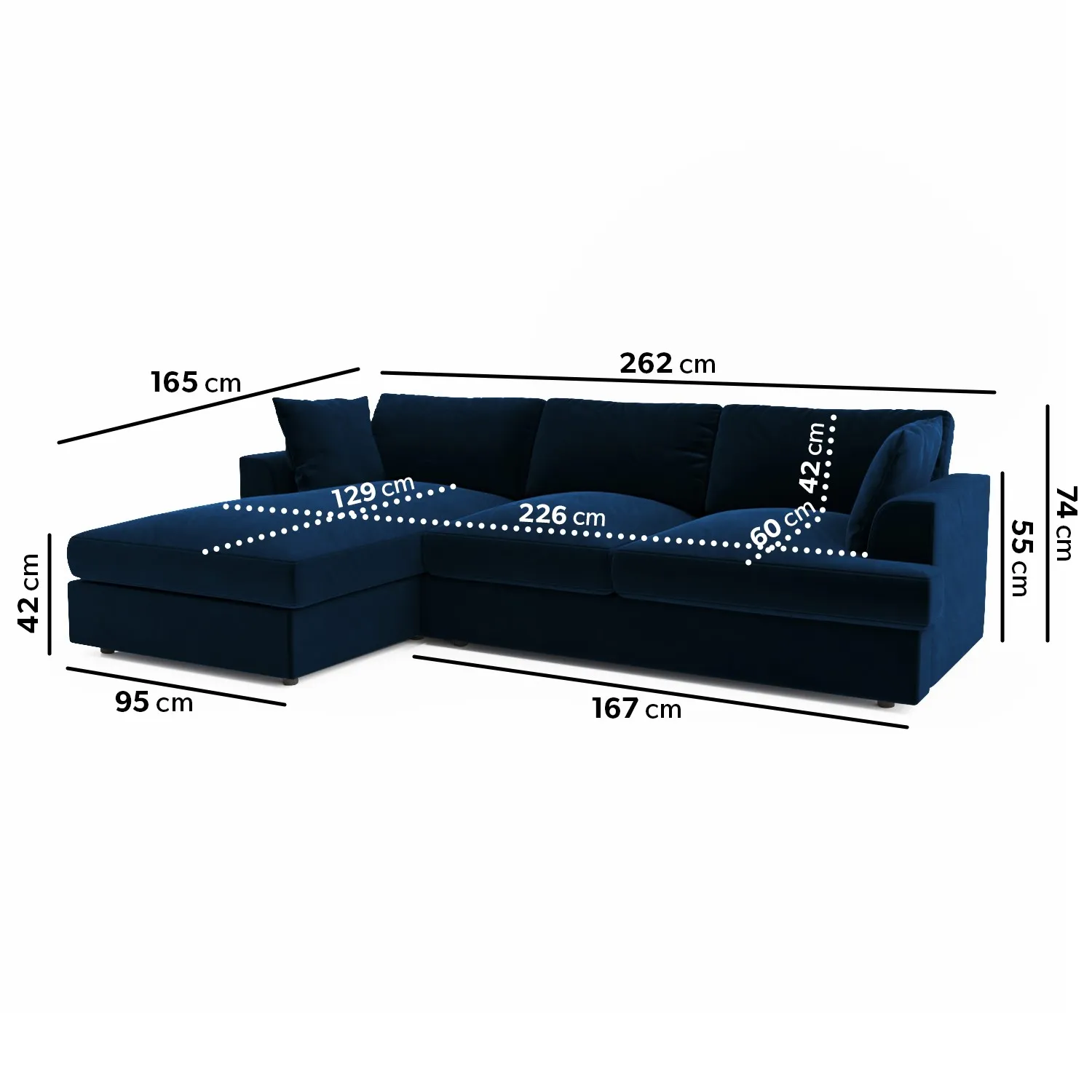 L-Shaped Corner Sofa Set with Chaise - Navy, Velvet