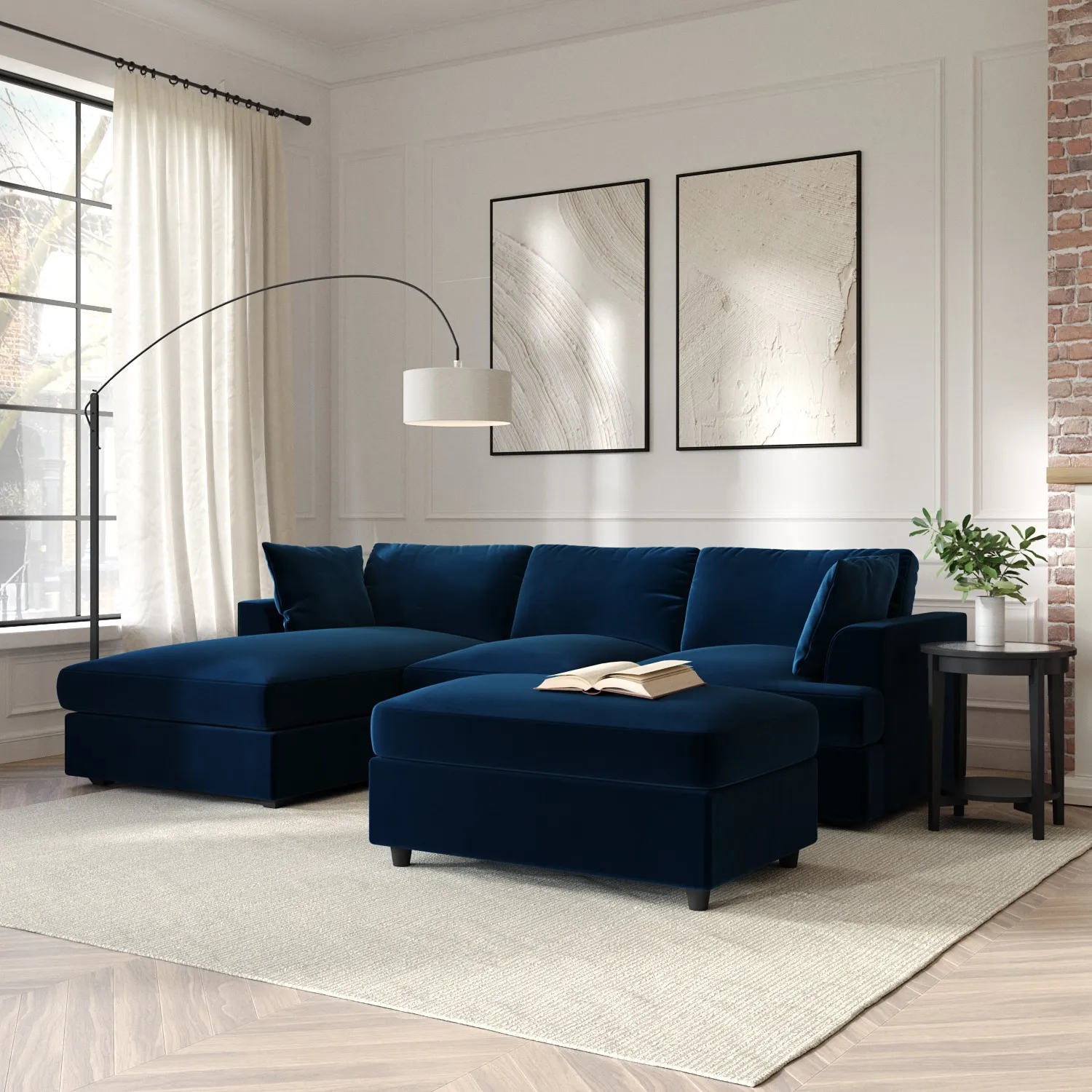 L-Shaped Corner Sofa Set with Chaise - Navy, Velvet