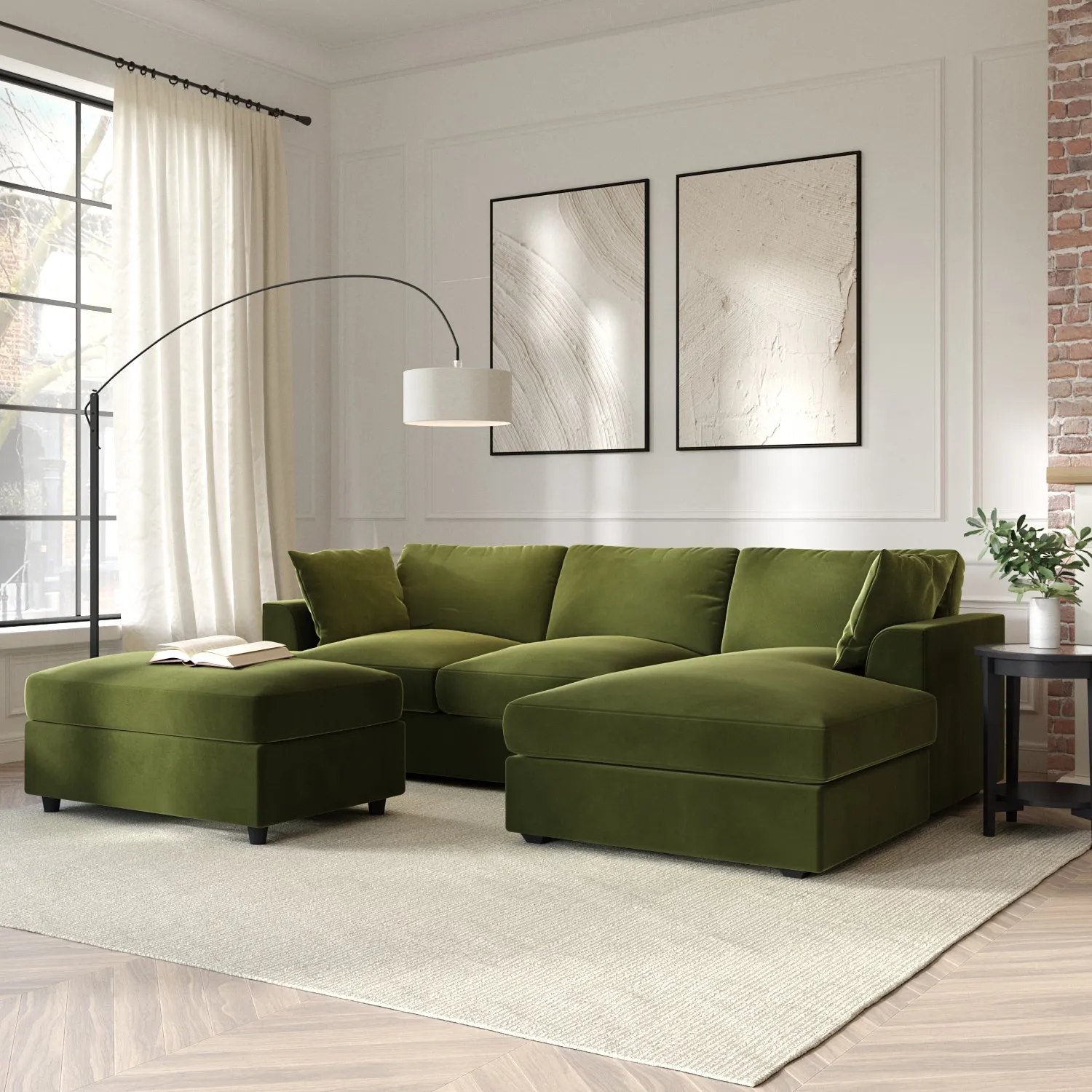 Large Footstool with Foam Fill - Green, Velvet