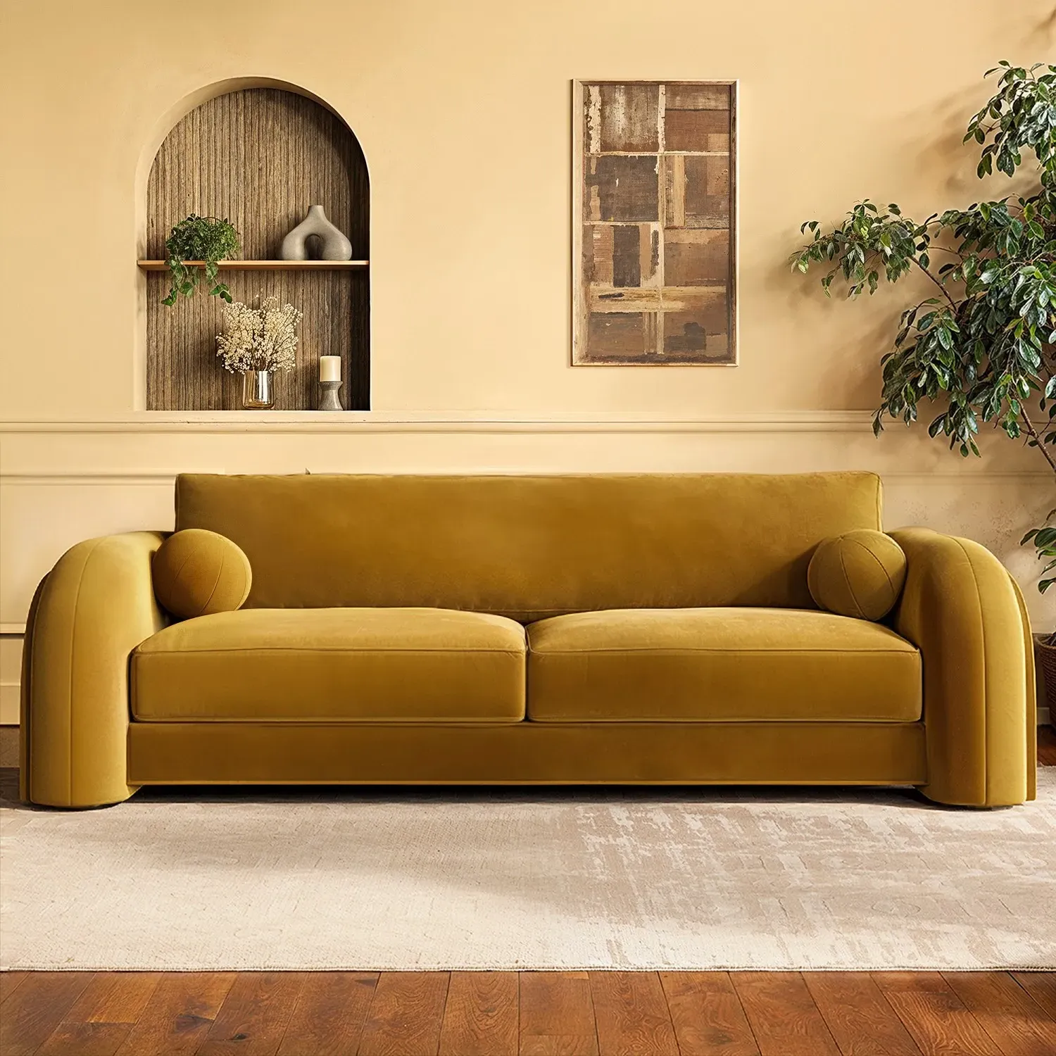 3-Seater Curved Sofa with Scatter Cushions - Yellow, Velvet