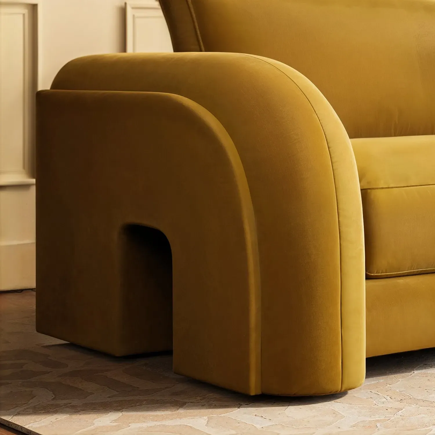 3-Seater Curved Sofa with Scatter Cushions - Yellow, Velvet