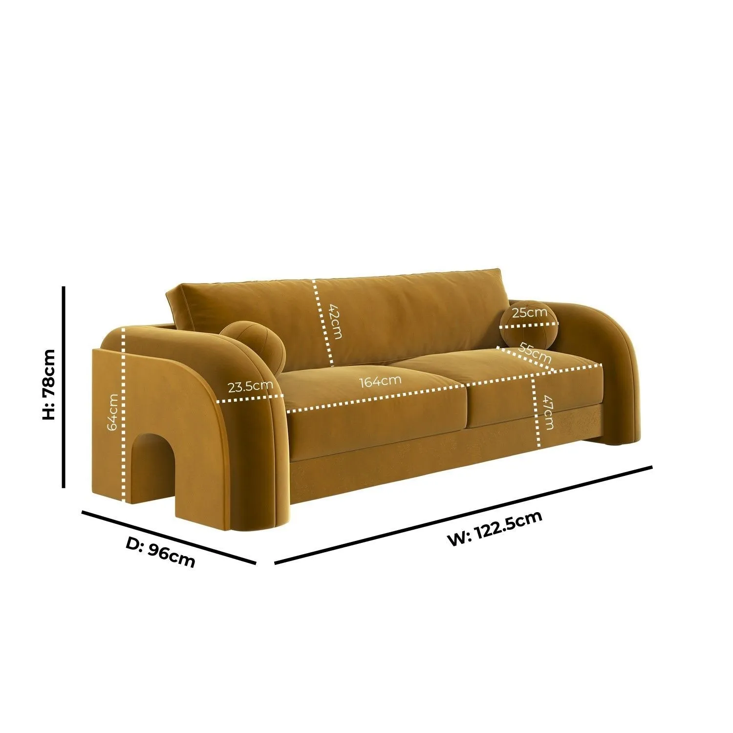 3-Seater Curved Sofa with Scatter Cushions - Yellow, Velvet