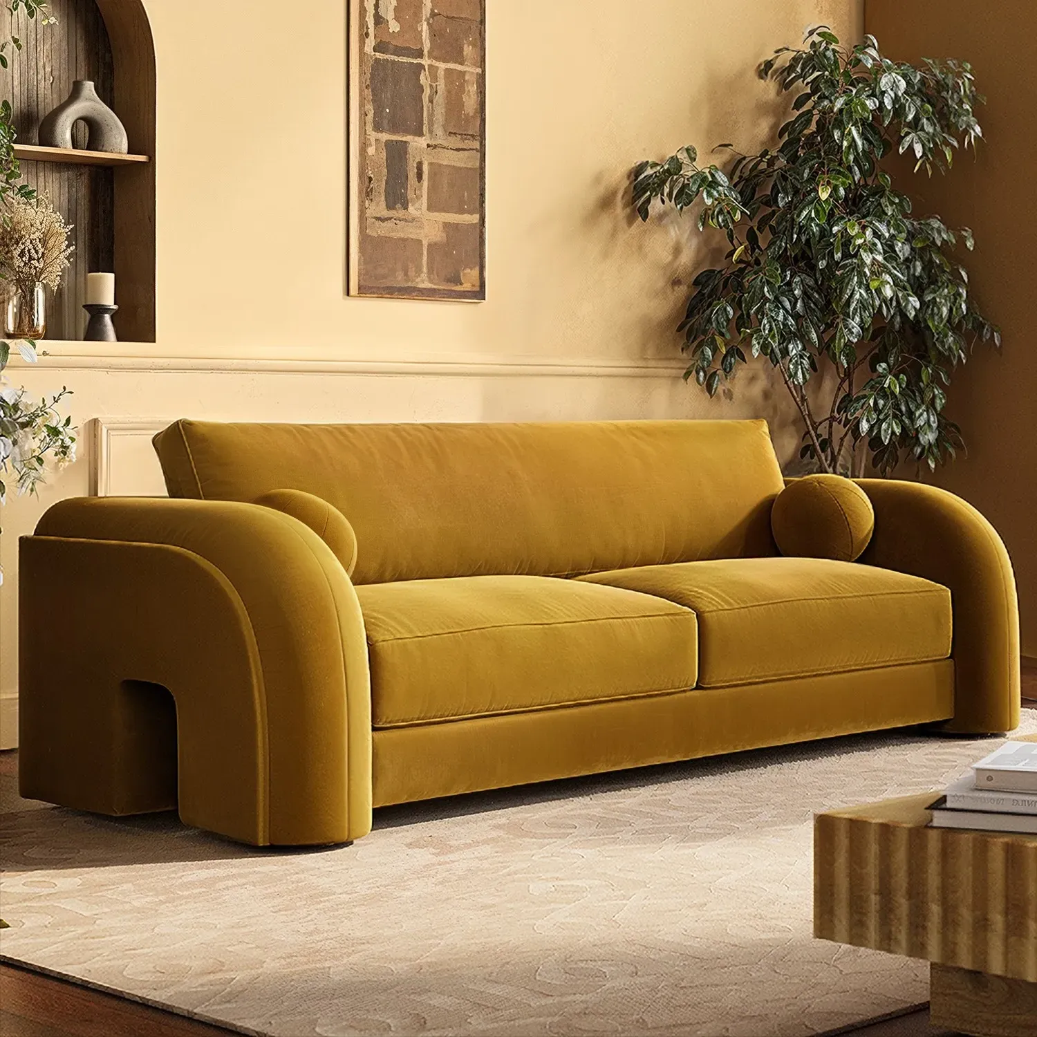 3-Seater Curved Sofa with Scatter Cushions - Yellow, Velvet image