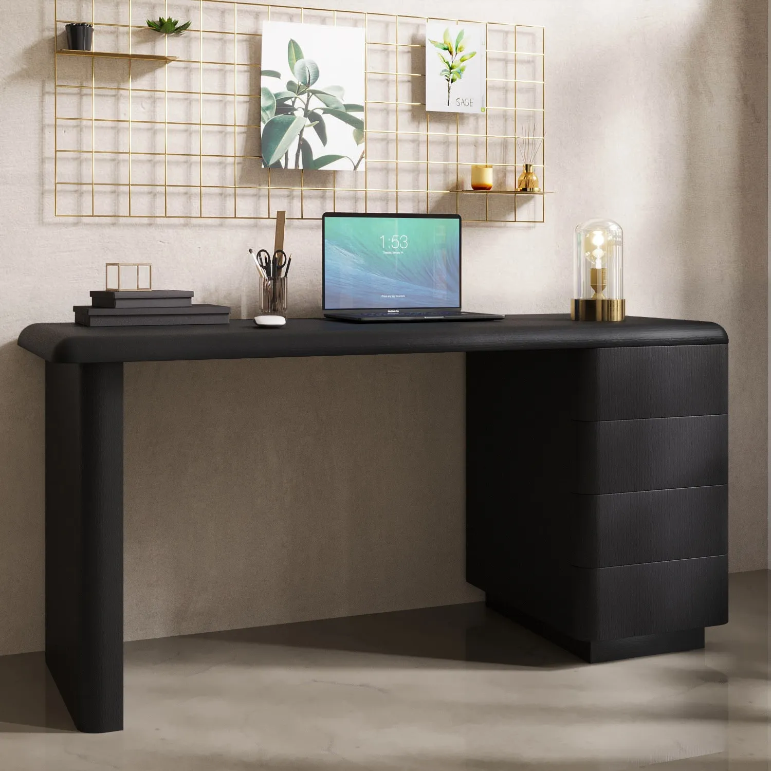 Wood Desk with 4 Drawers - Black, MDF
