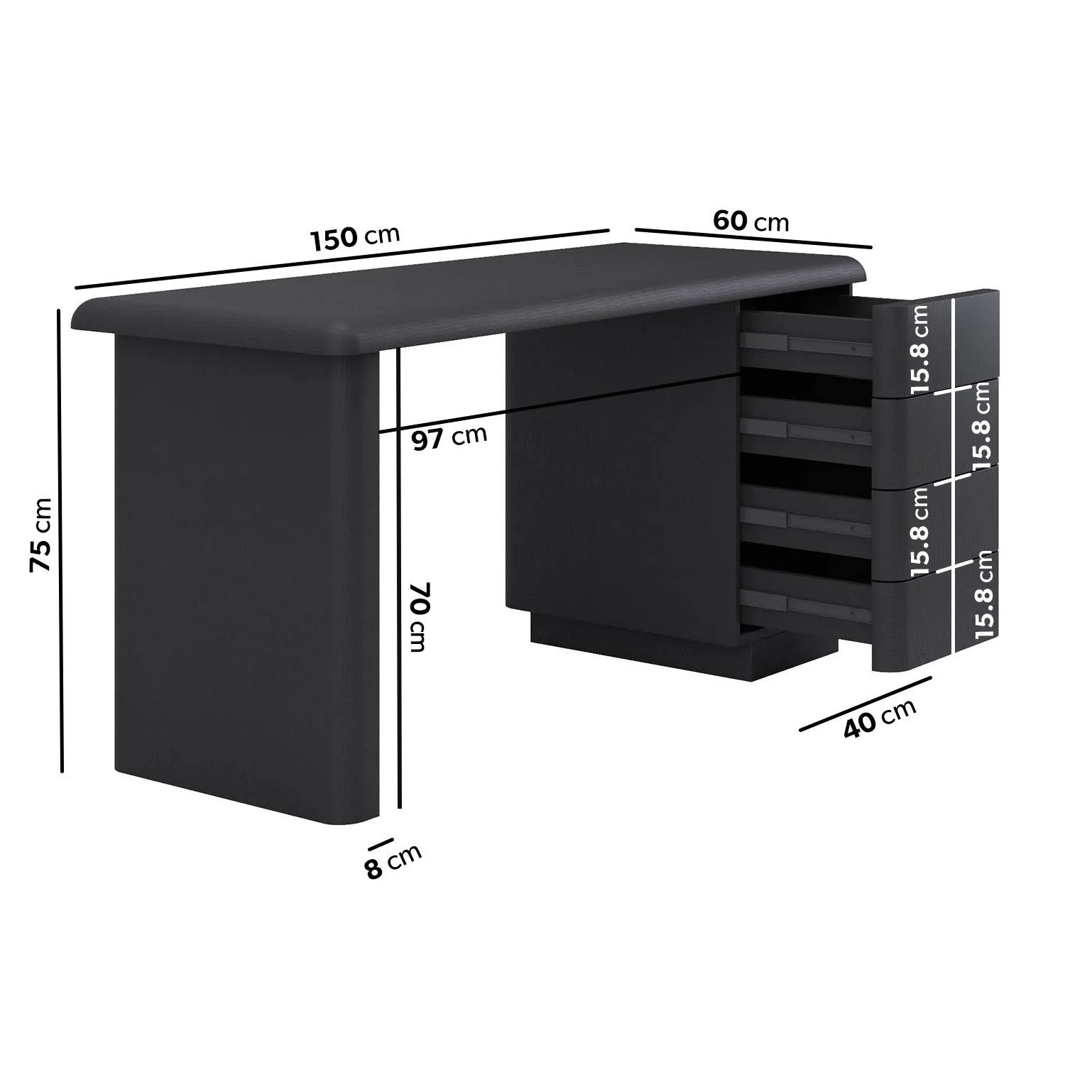Wood Desk with 4 Drawers - Black, MDF