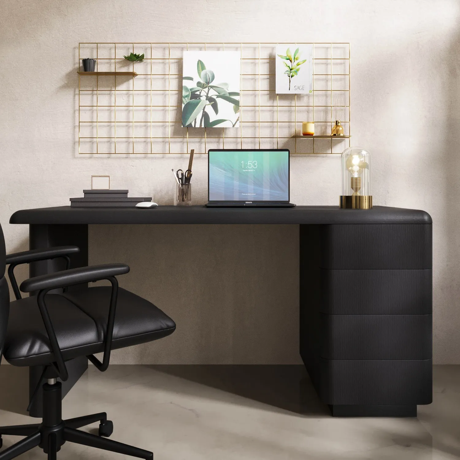 Wood Desk with 4 Drawers - Black, MDF