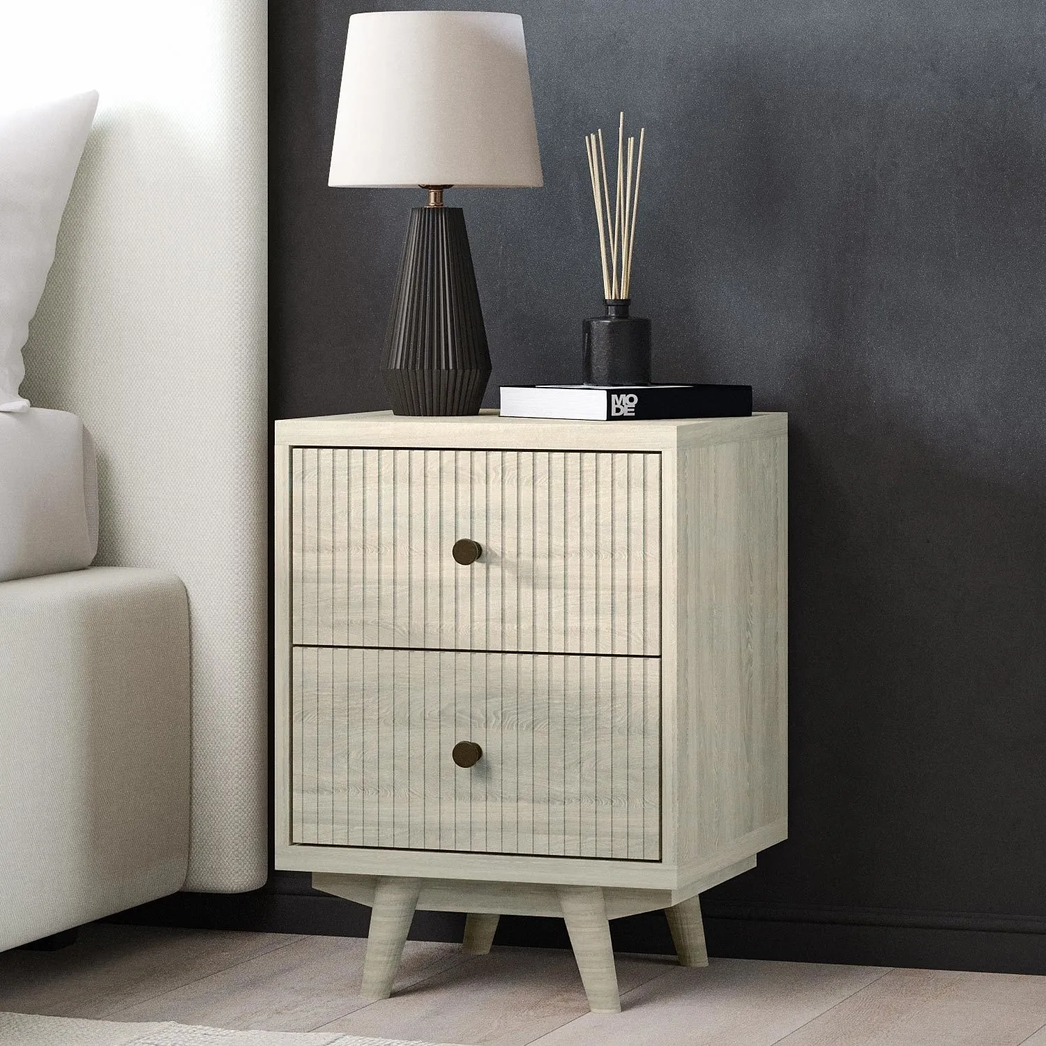 2-Drawer Bedside Table with Legs - Cream, Mango Wood image