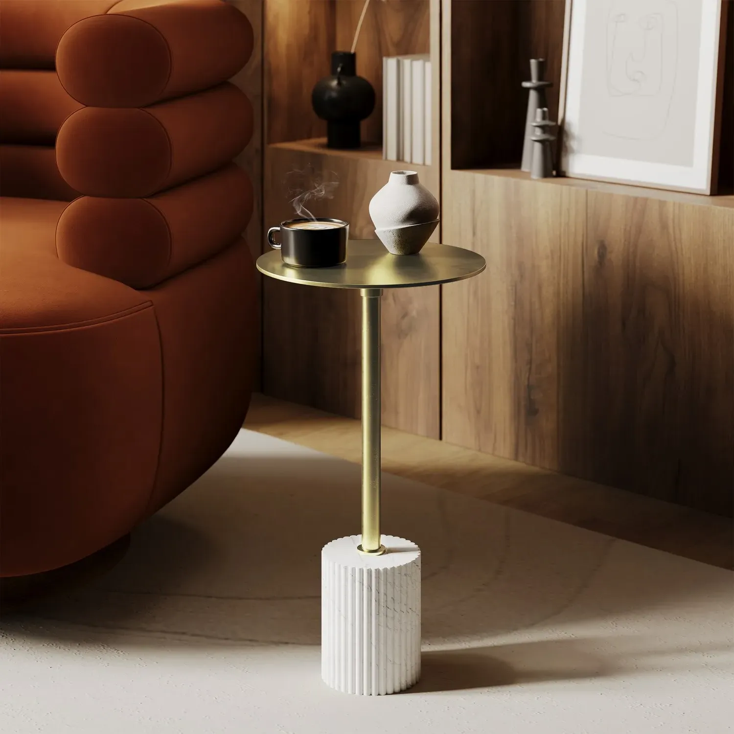 Round Side Table with Marble Base - Gold, Metal image