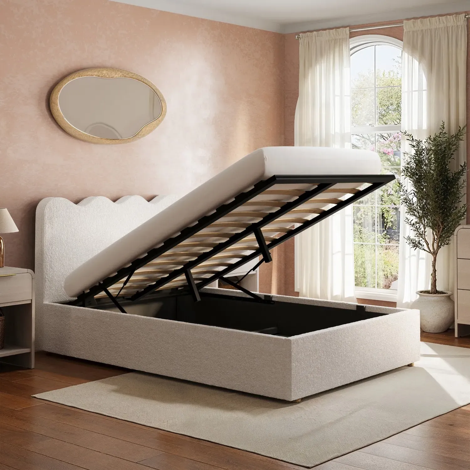 Small Double Ottoman Bed with Storage - Cream, Boucle
