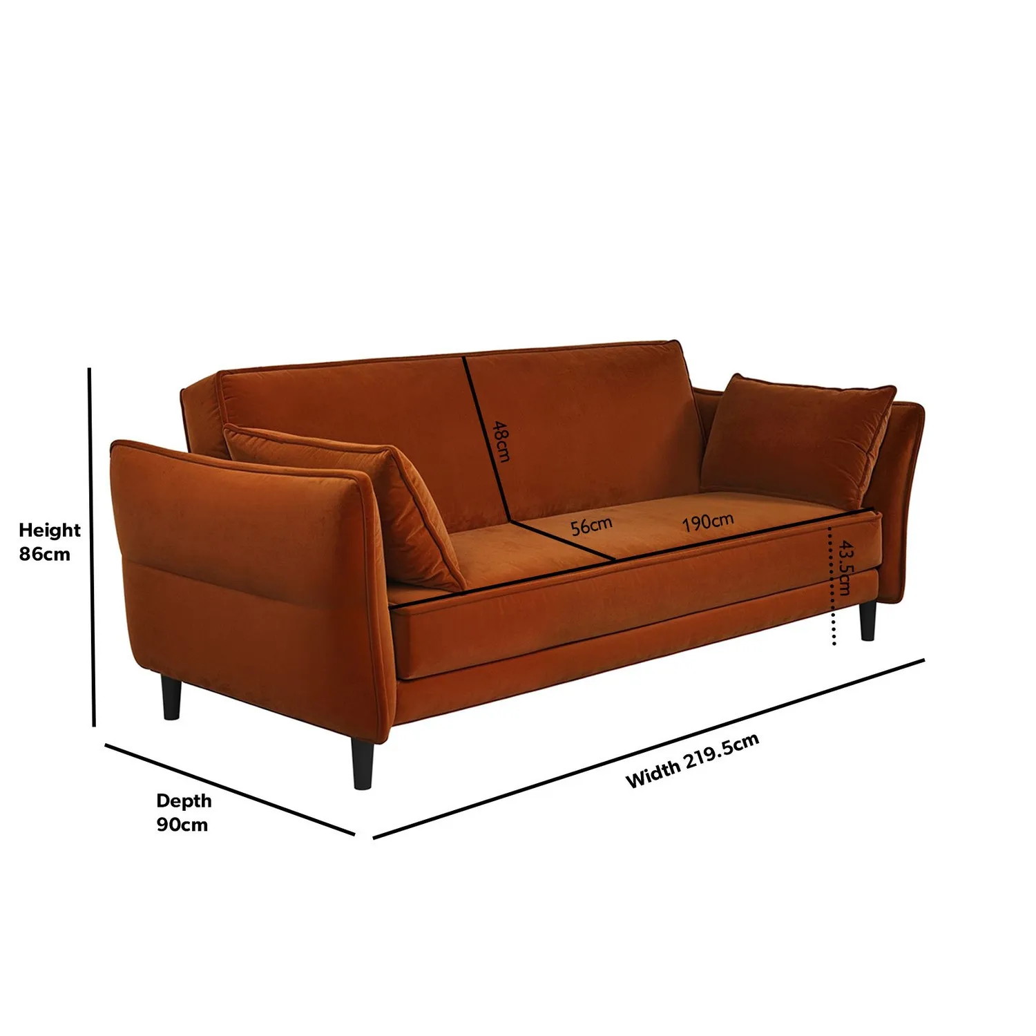 3-Seater Sofa Bed with Click-Clack - Orange, Velvet
