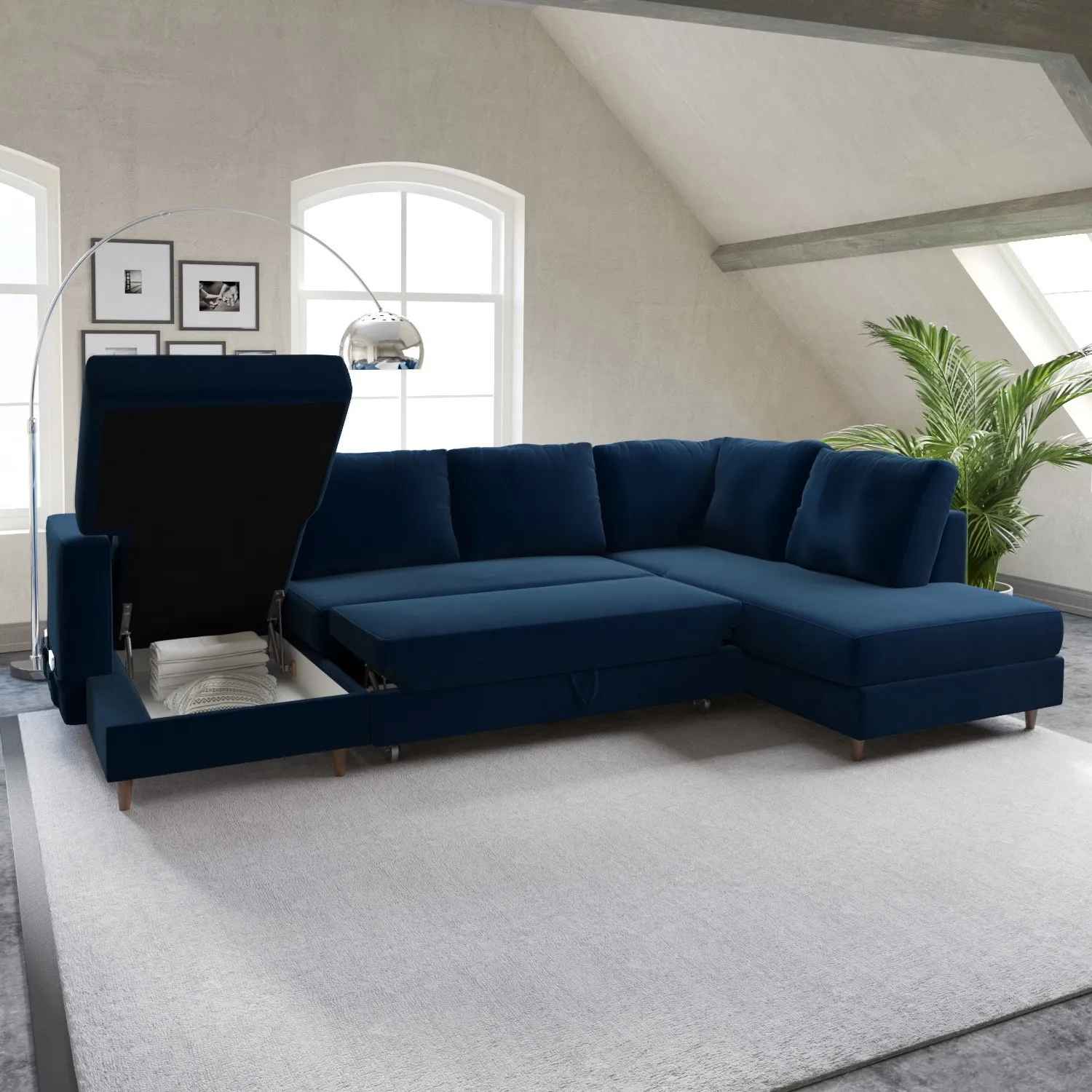 6-Seater U-Shaped Sofa Bed with Storage - Blue