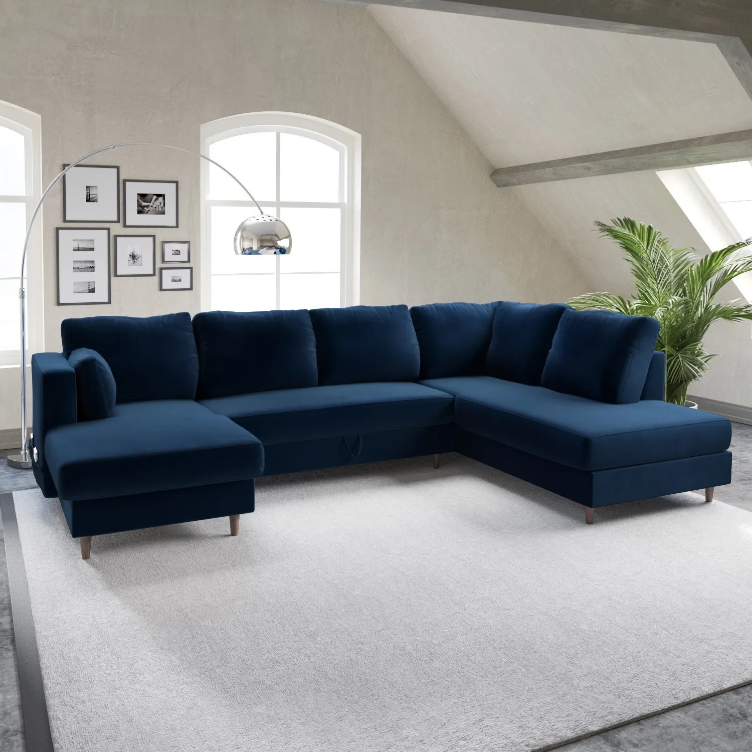6-Seater U-Shaped Sofa Bed with Storage - Blue