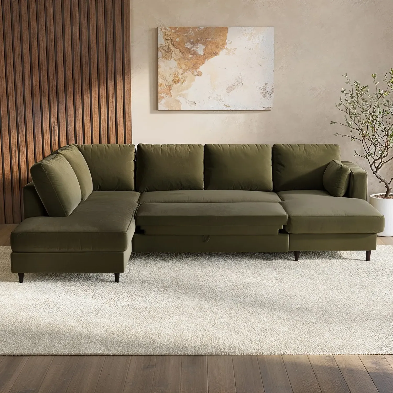 6-Seater U-Shaped Sofa Bed with Storage - Green