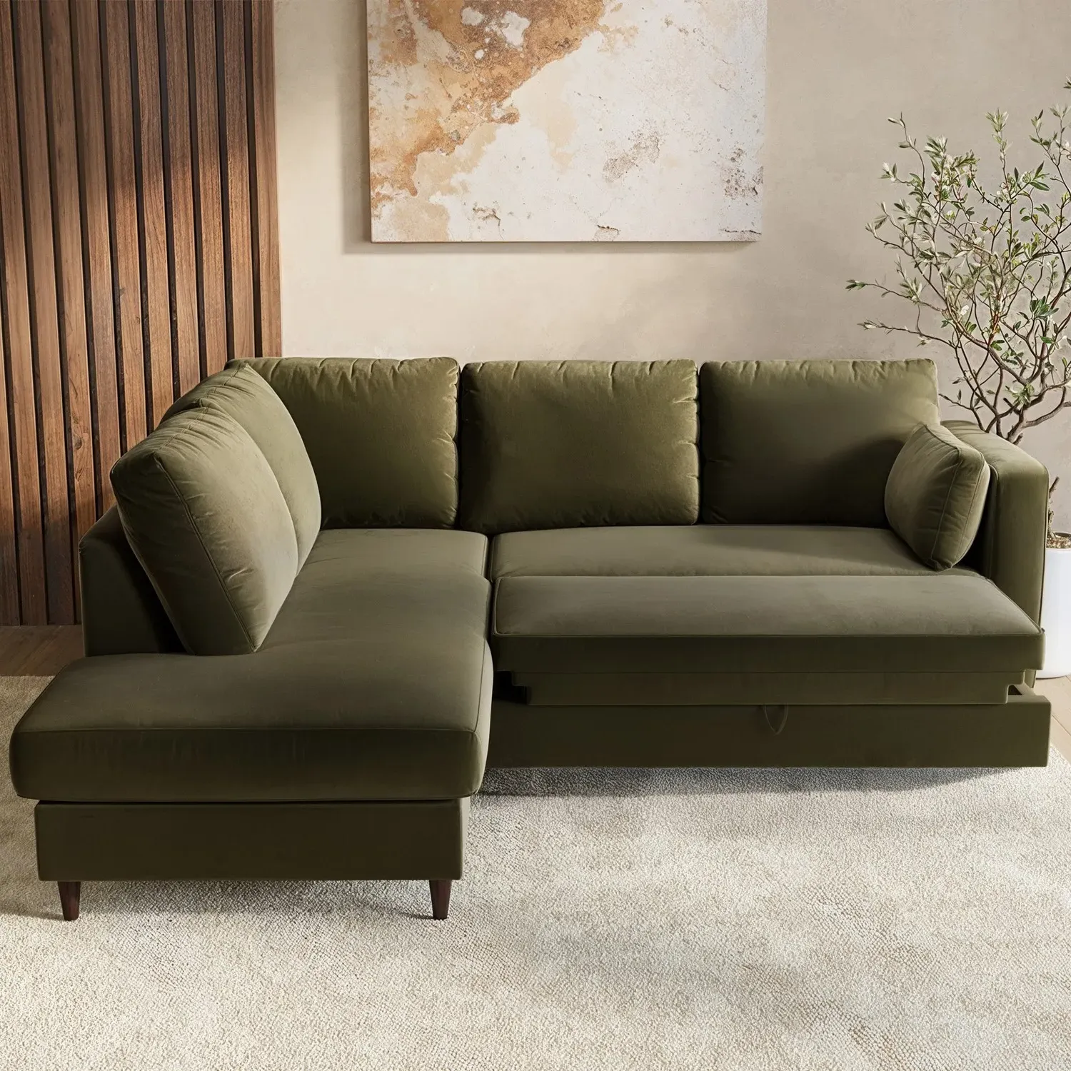 L-Shaped Corner Sofa Bed with Storage - Green, Velvet