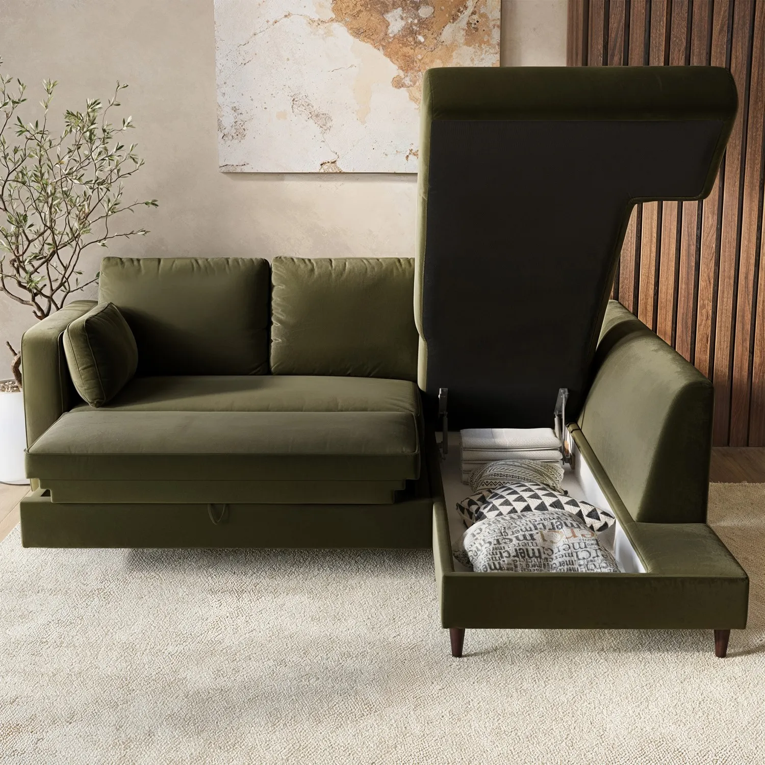 L-Shaped Corner Sofa Bed with Storage - Green, Velvet