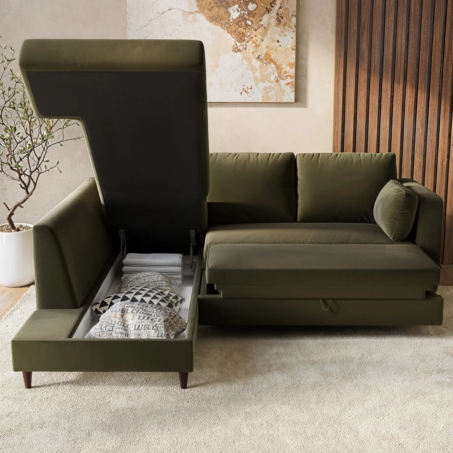 L-Shaped Corner Sofa Bed with Storage - Green, Velvet