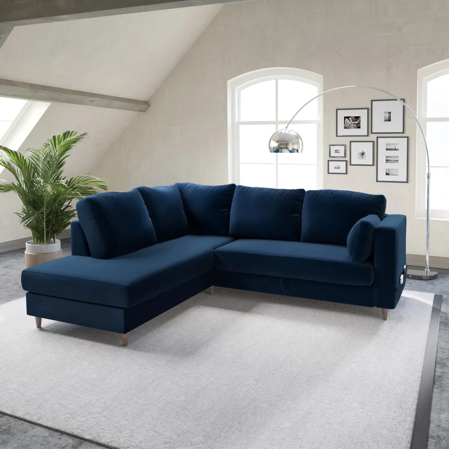 L-Shaped Corner Sofa Bed with Storage - Navy, Velvet