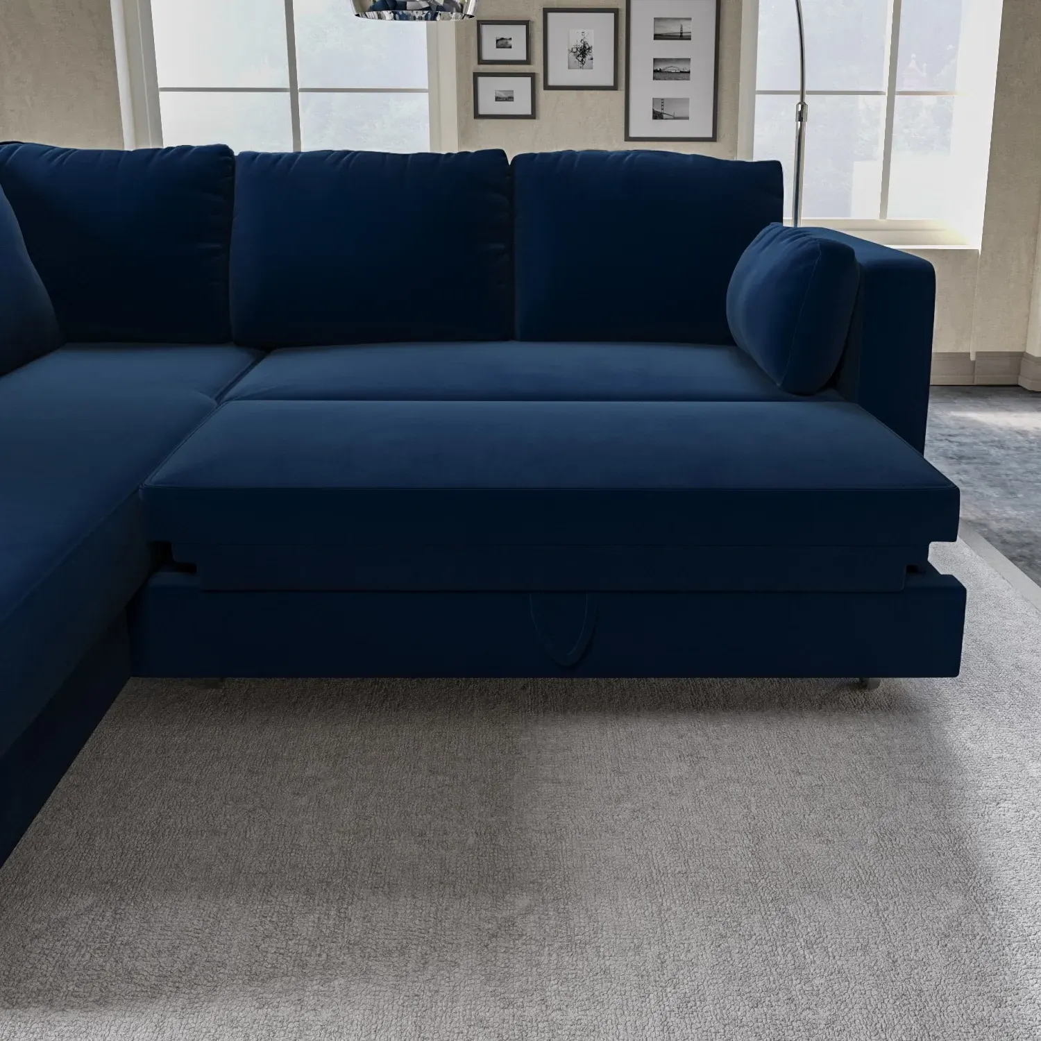 L-Shaped Corner Sofa Bed with Storage - Navy, Velvet