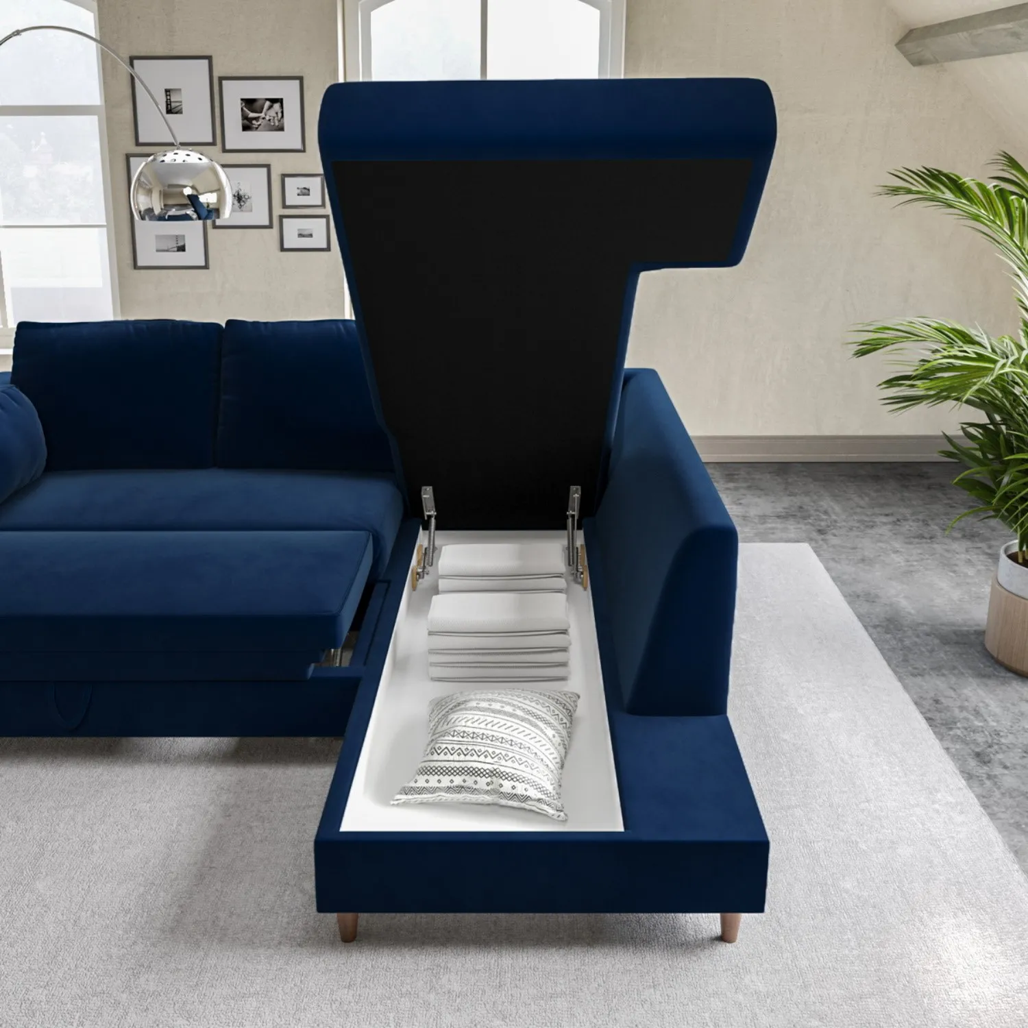 L-Shaped Corner Sofa Bed with Storage - Navy, Velvet