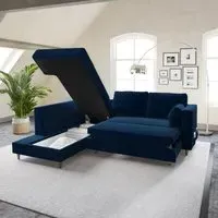 L-Shaped Corner Sofa Bed with Storage - Navy, Velvet