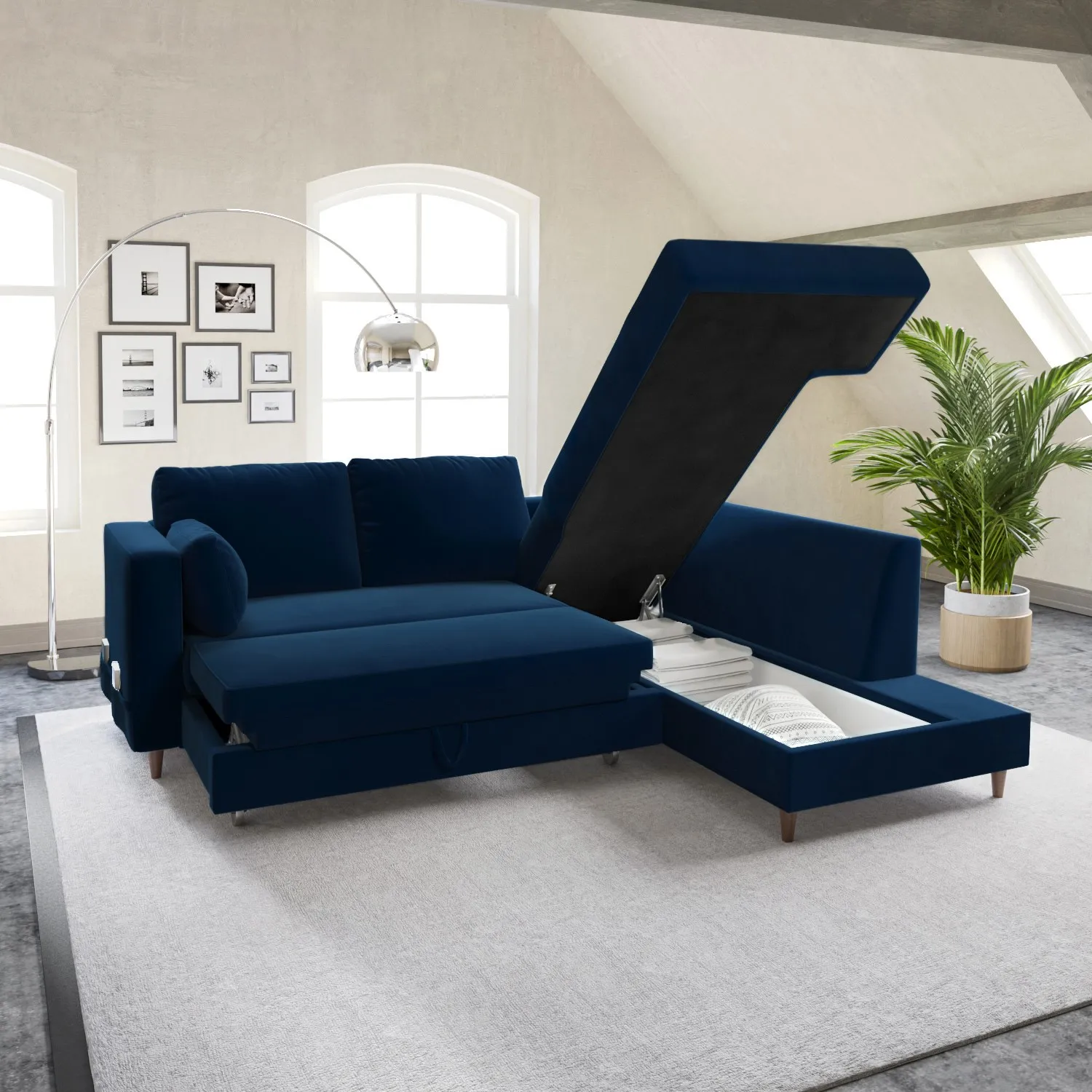 L-Shaped Corner Sofa Bed with Storage - Navy, Velvet image