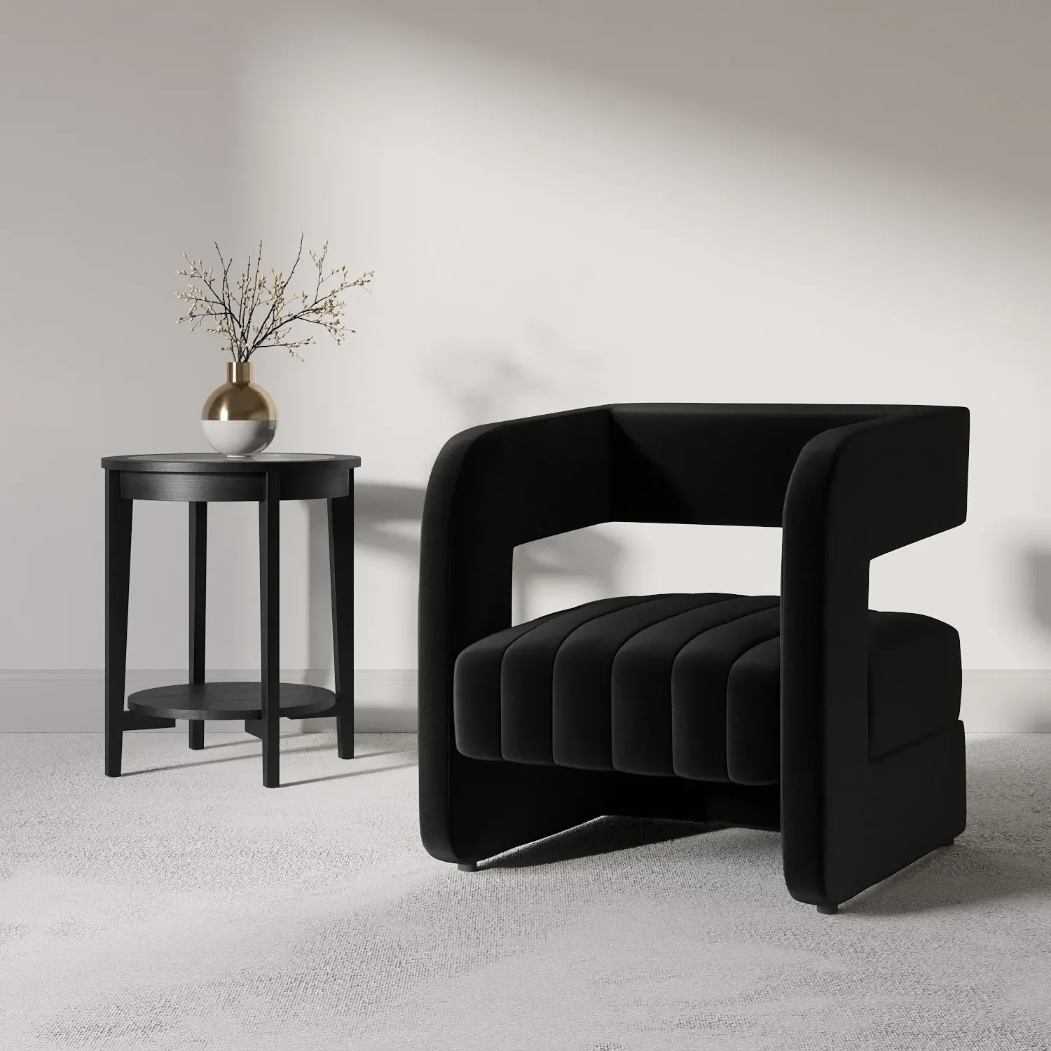 Curved Accent Chair with Ribbed Detail - Black, Velvet