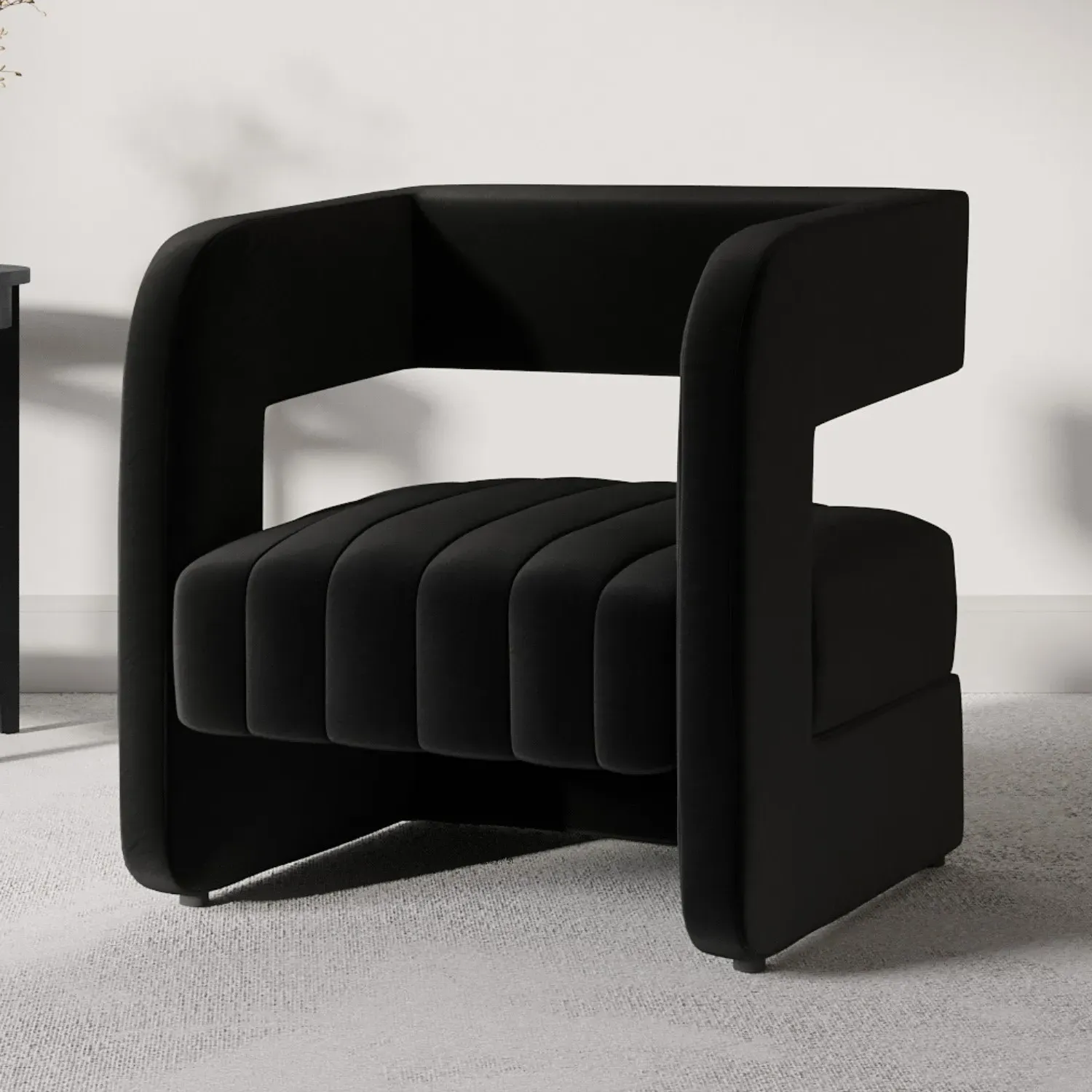 Curved Accent Chair with Ribbed Detail - Black, Velvet image
