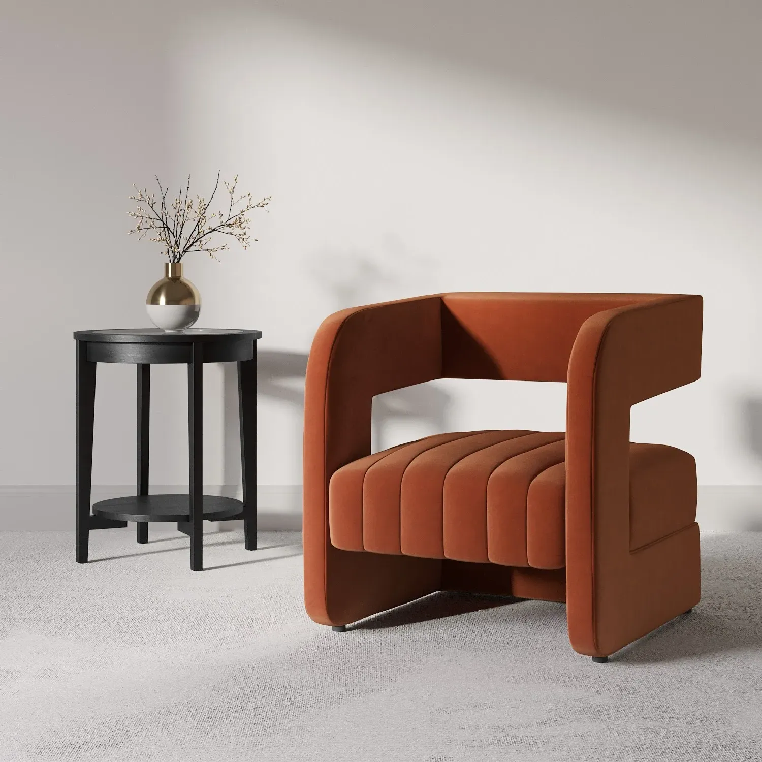 Curved Accent Chair with Ribbed Detail - Orange, Velvet