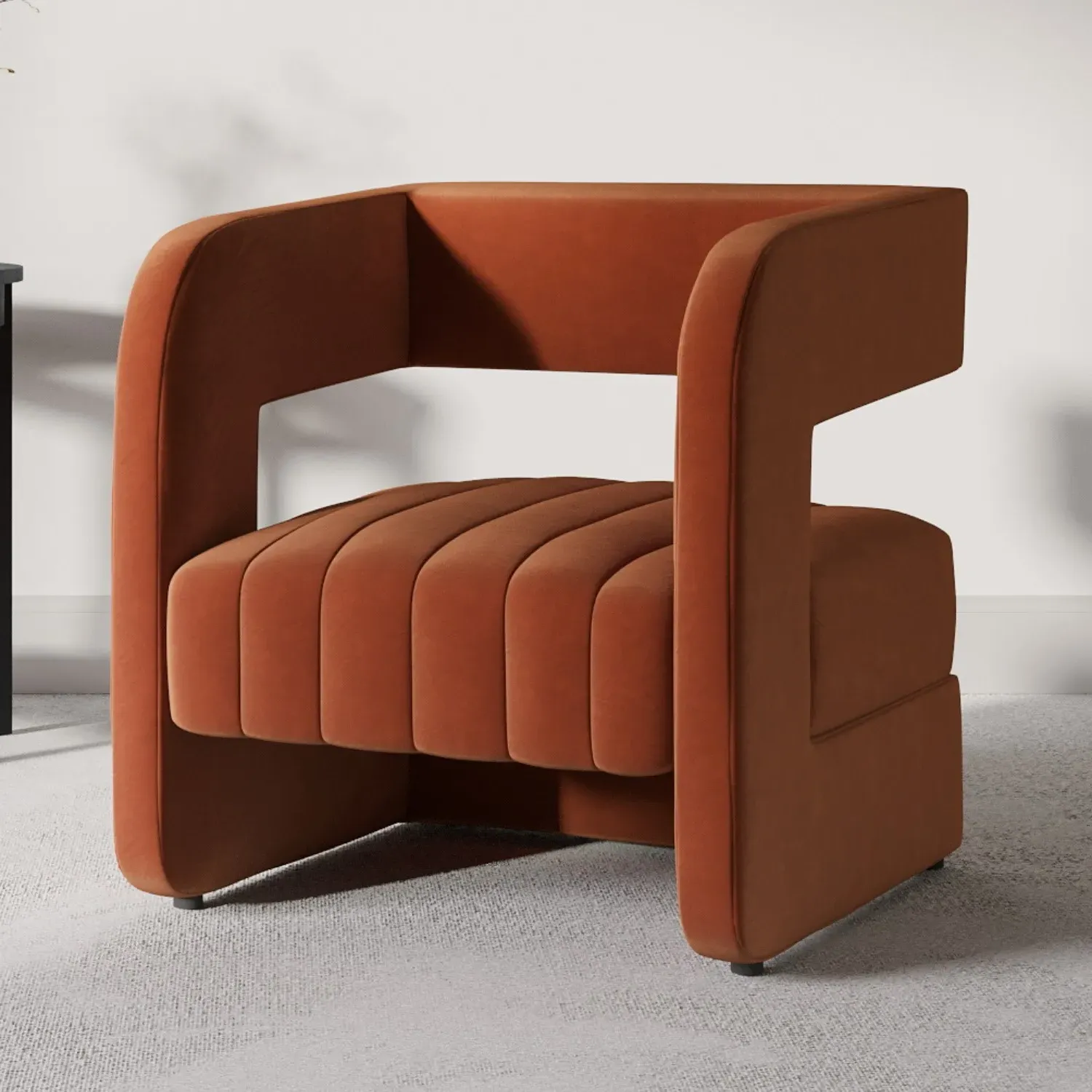 Curved Accent Chair with Ribbed Detail - Orange, Velvet image