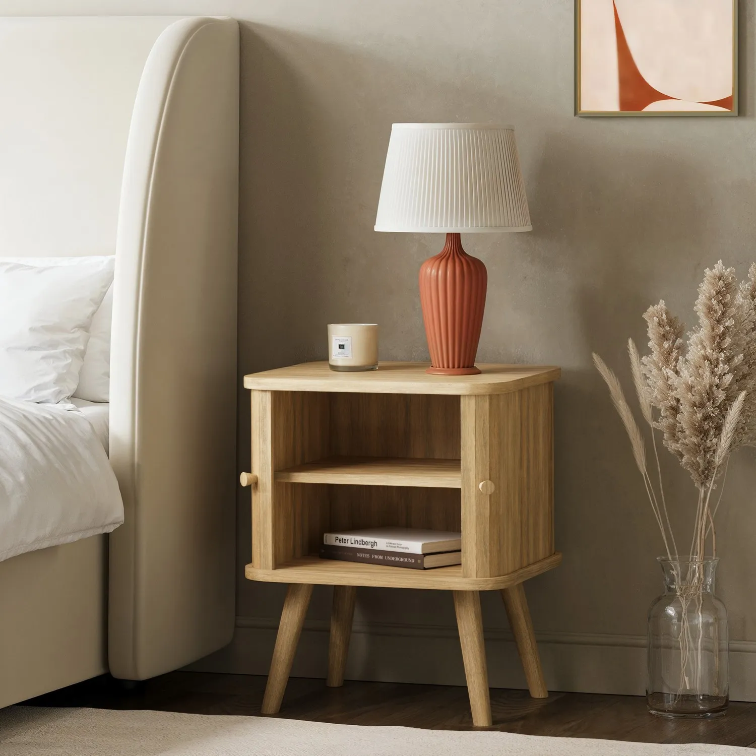 Mid-Century Bedside Table with Tambour Doors - Oak