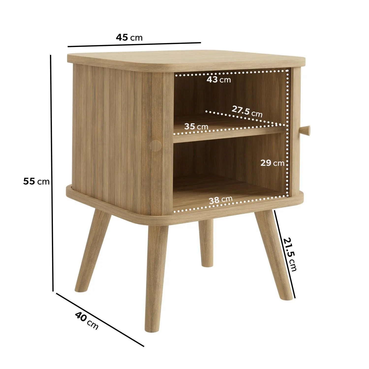 Mid-Century Bedside Table with Tambour Doors - Oak