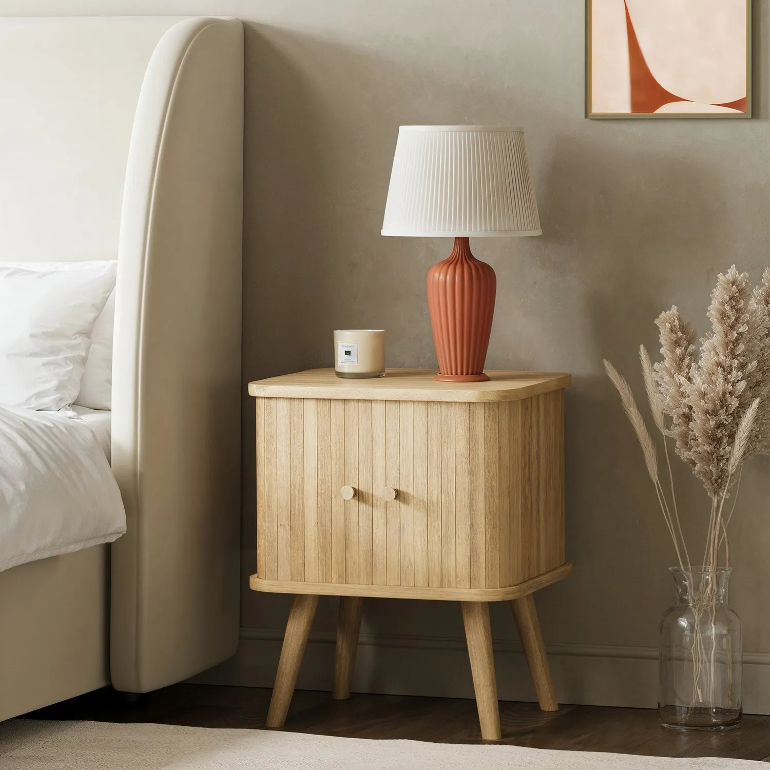 Mid-Century Bedside Table with Tambour Doors - Oak image