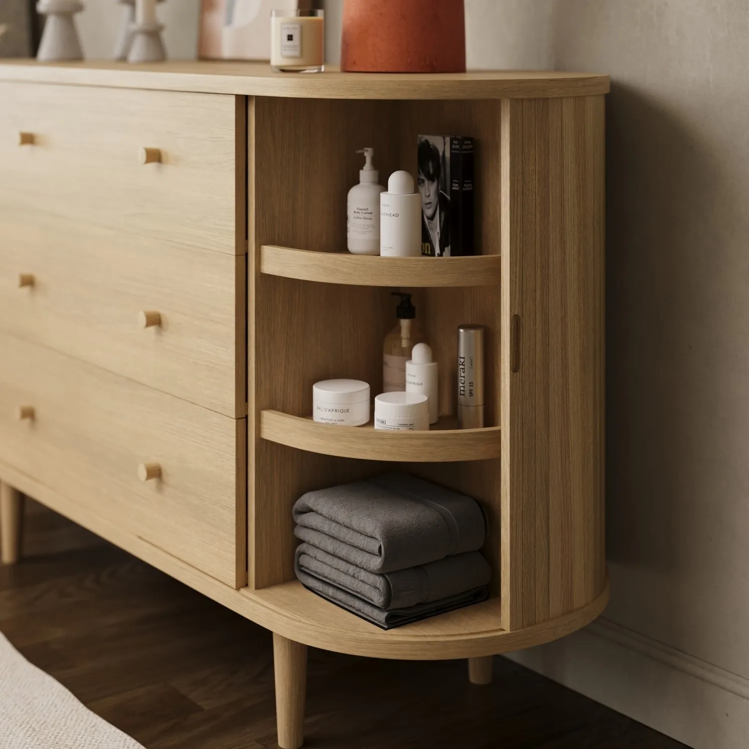 Wide Chest of 3 Drawers with Cupboards - Oak