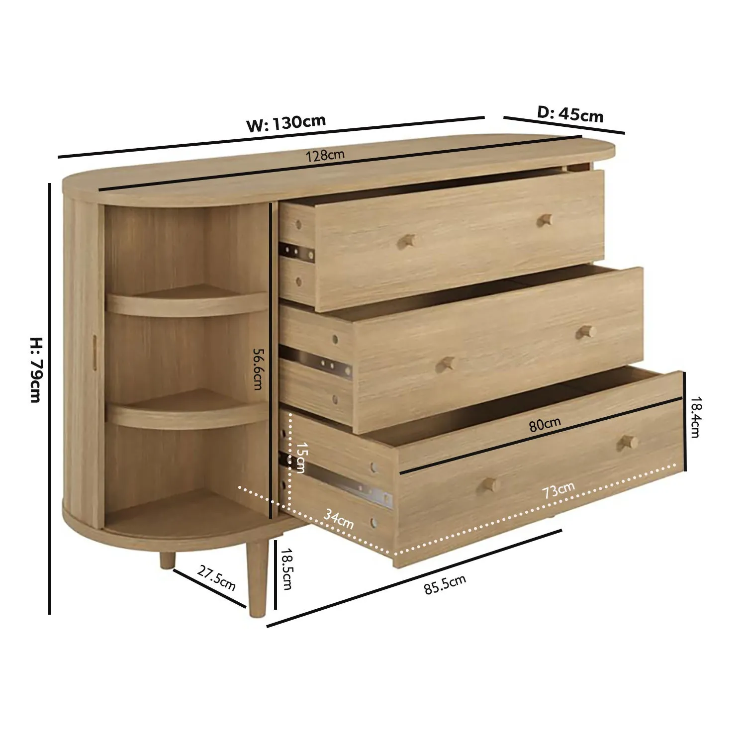 Wide Chest of 3 Drawers with Cupboards - Oak