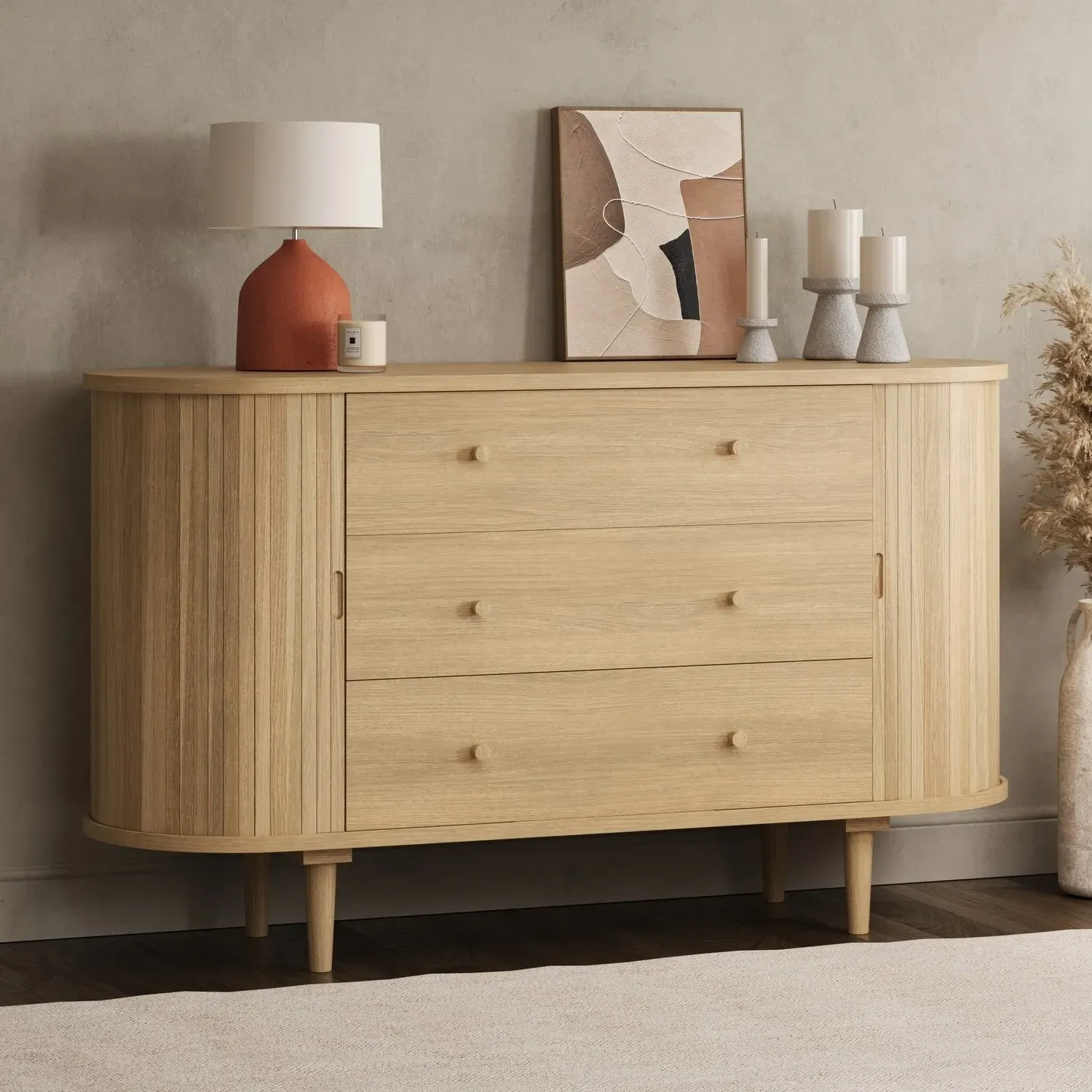 Wide Chest of 3 Drawers with Cupboards - Oak image