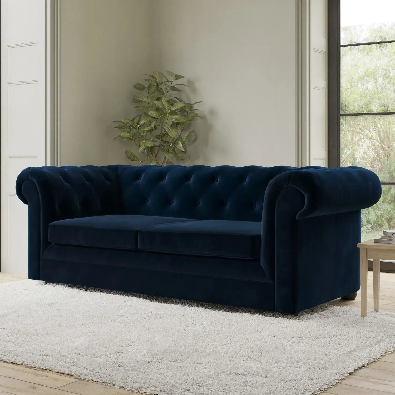 3-Seater Pull Out Sofa Bed - Navy, Velvet