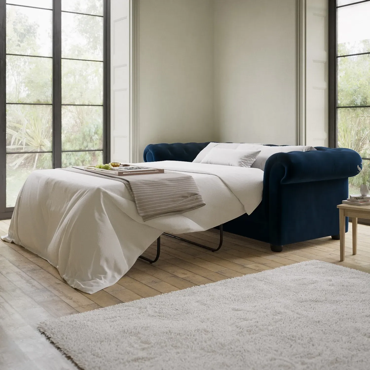 3-Seater Pull Out Sofa Bed - Navy, Velvet