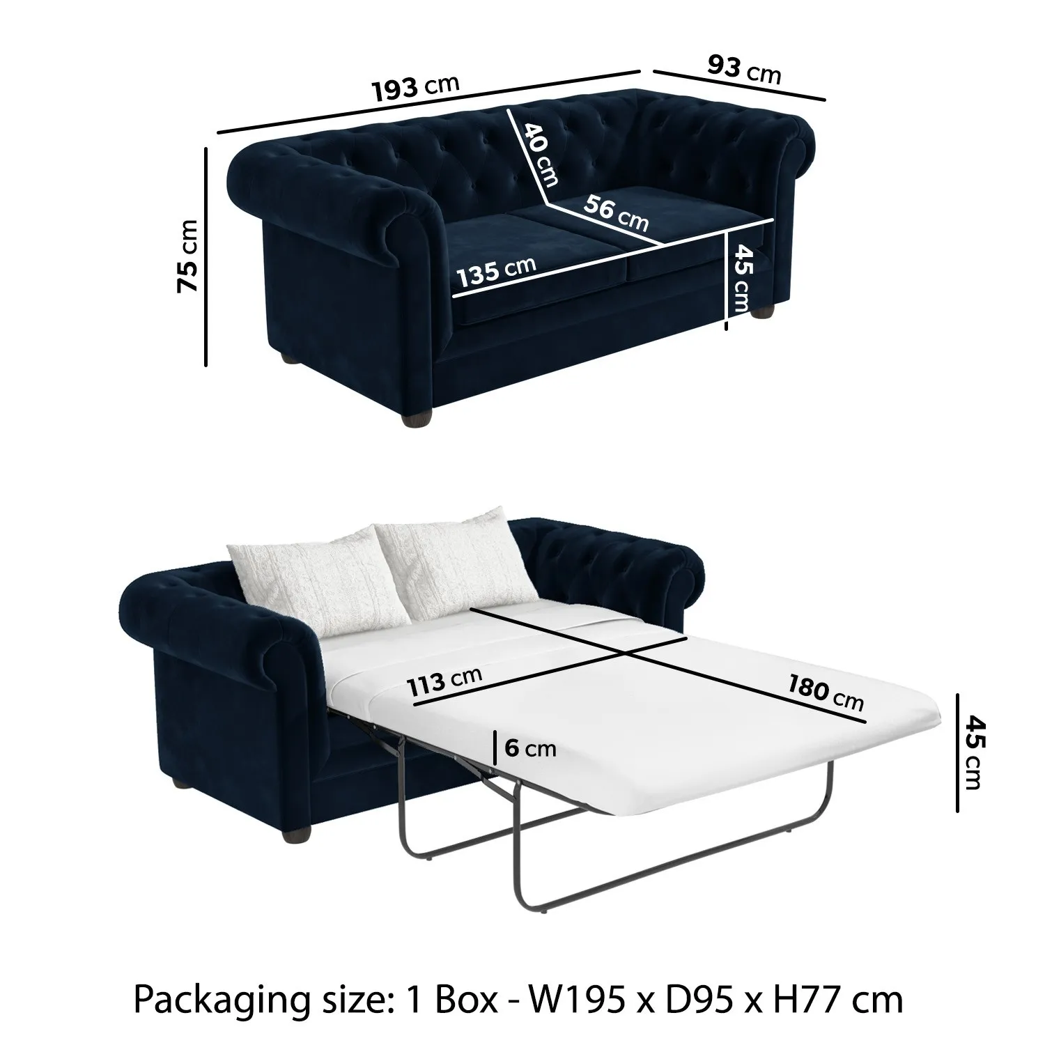 3-Seater Pull Out Sofa Bed - Navy, Velvet
