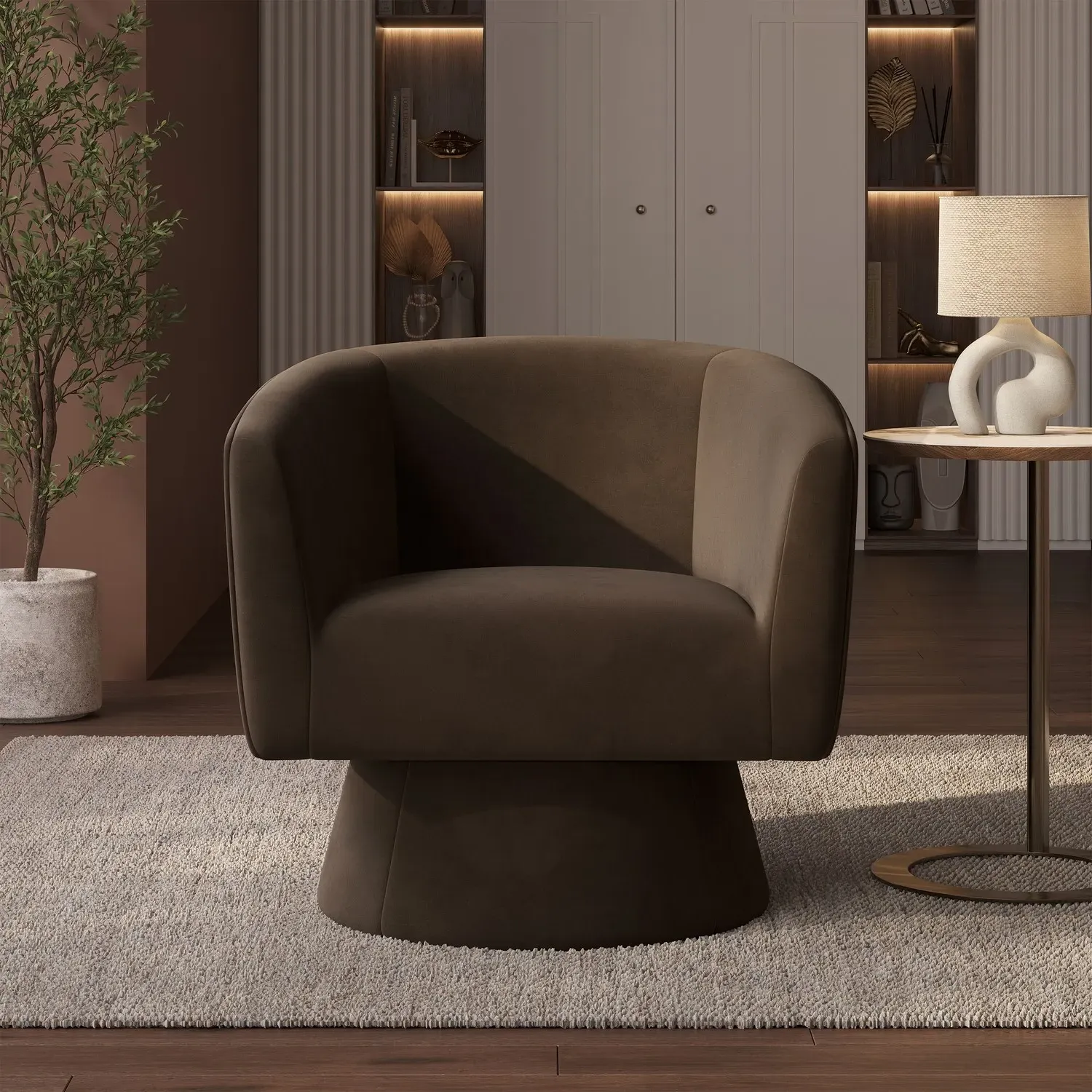 Swivel Accent Chair with 360° Rotation - Brown, Velvet