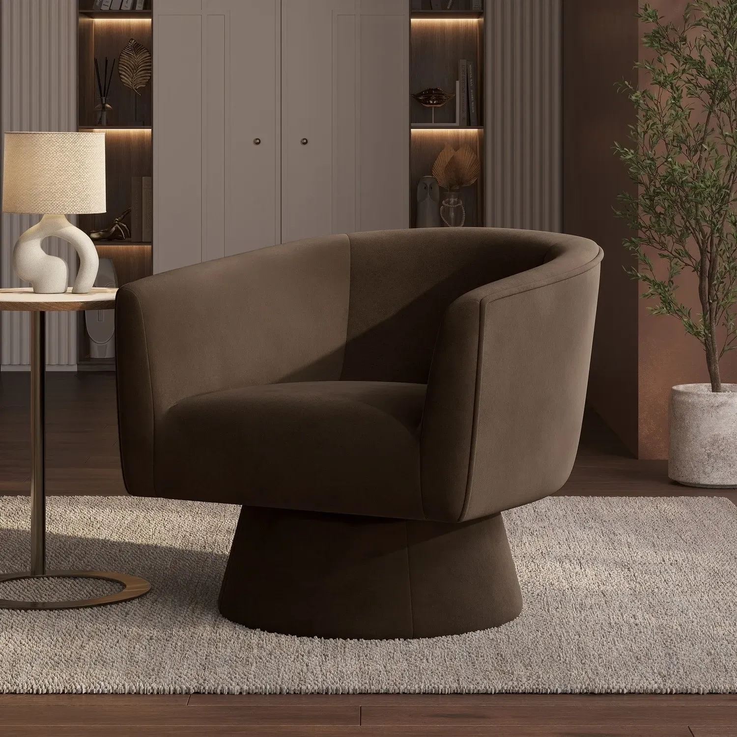 Swivel Accent Chair with 360° Rotation - Brown, Velvet image