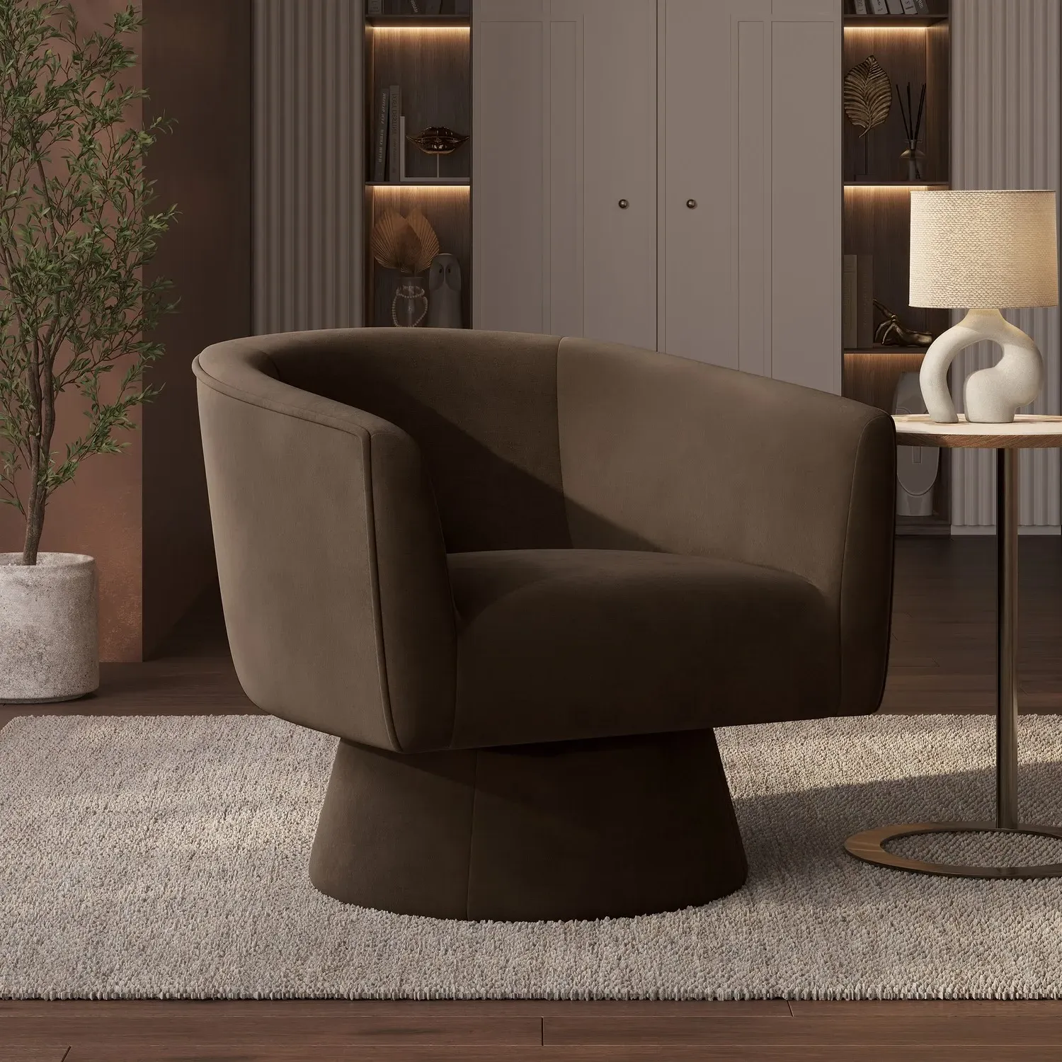 Swivel Armchair with 360° Rotation - Brown, Velvet
