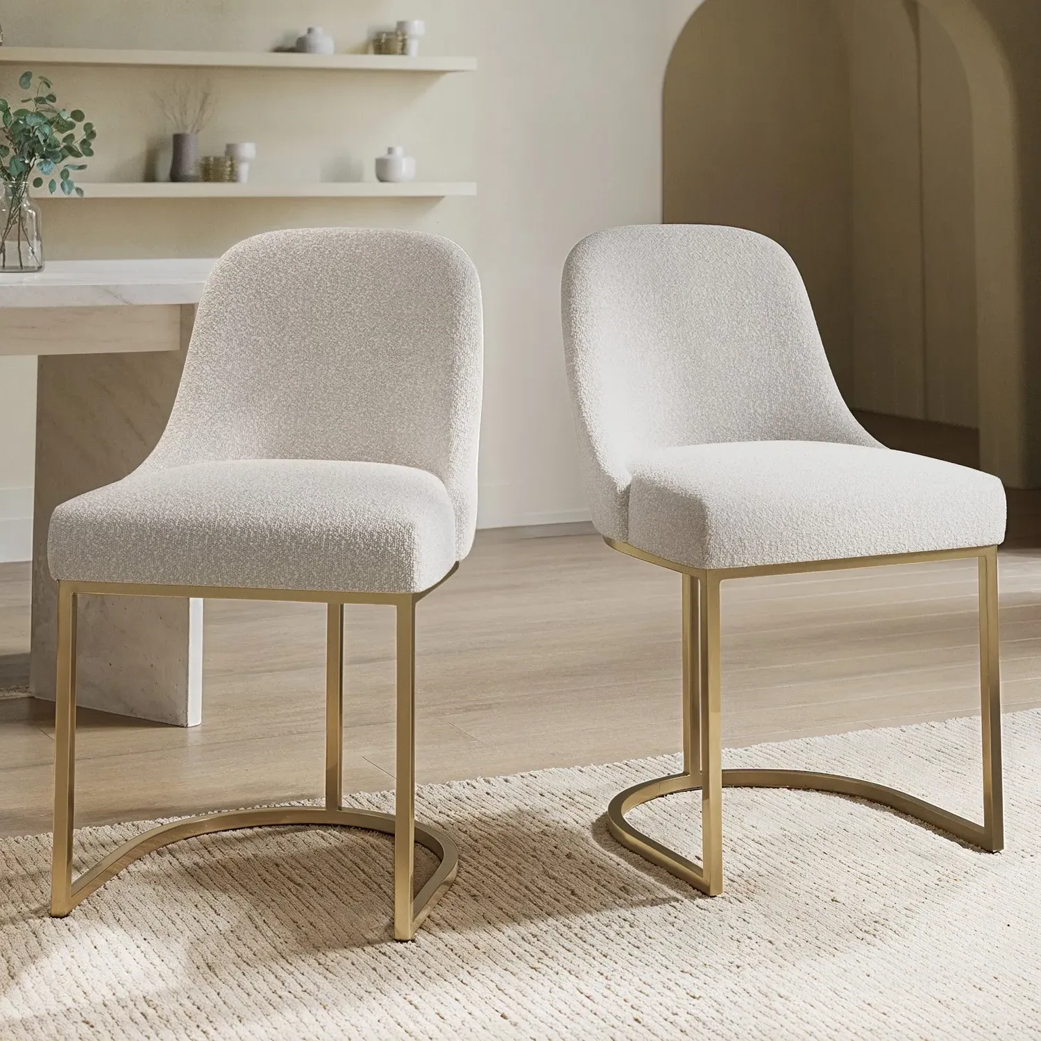 Set of 2 Dining Chairs with Gold Legs - Beige, Boucle image