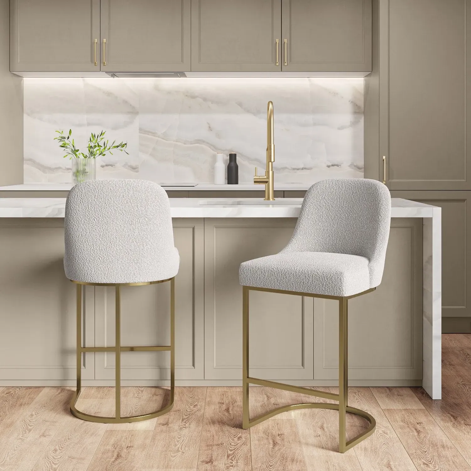 Set of 2 Kitchen Stools with Back - Beige, Boucle image