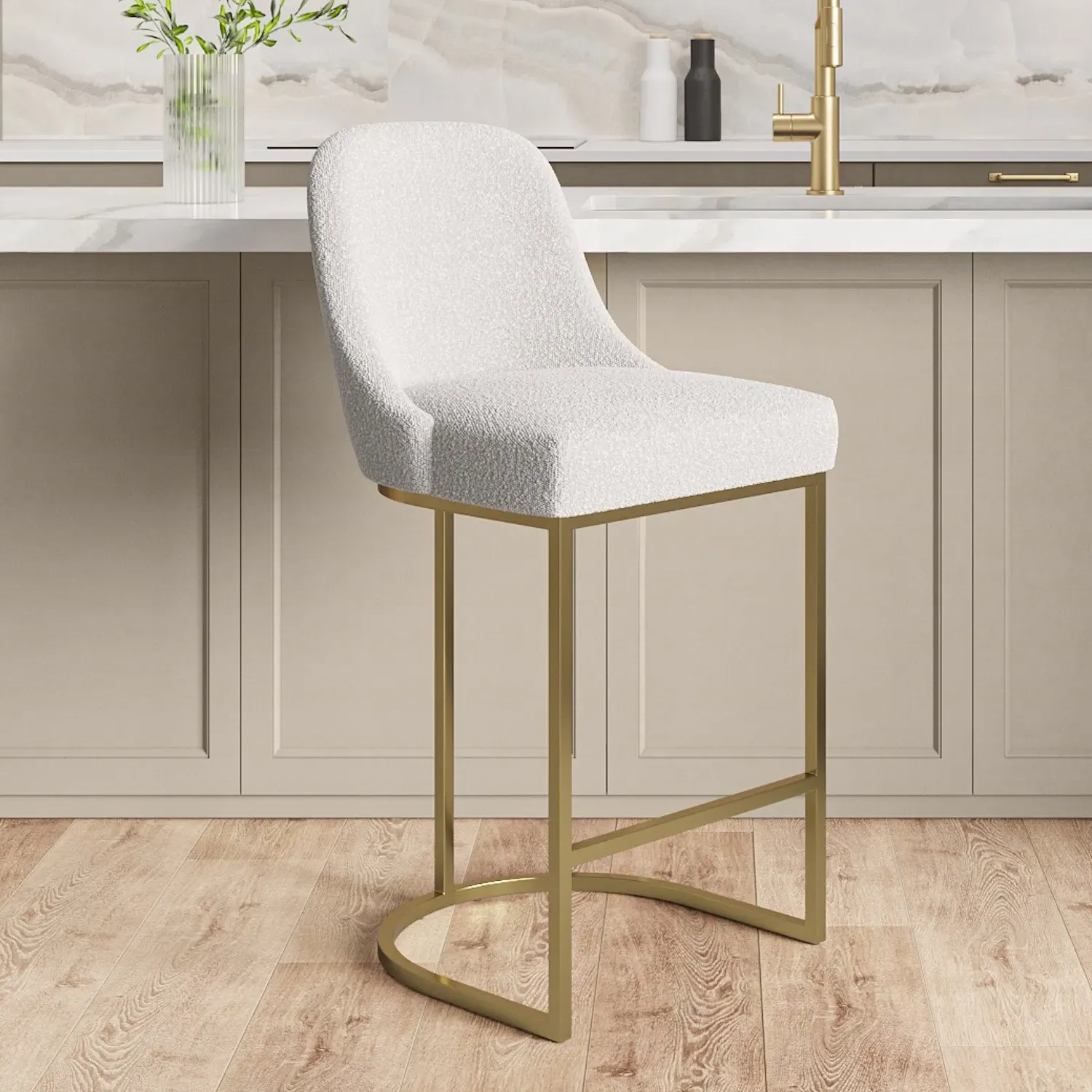 Set of 4 Kitchen Stools with Back - Beige, Boucle