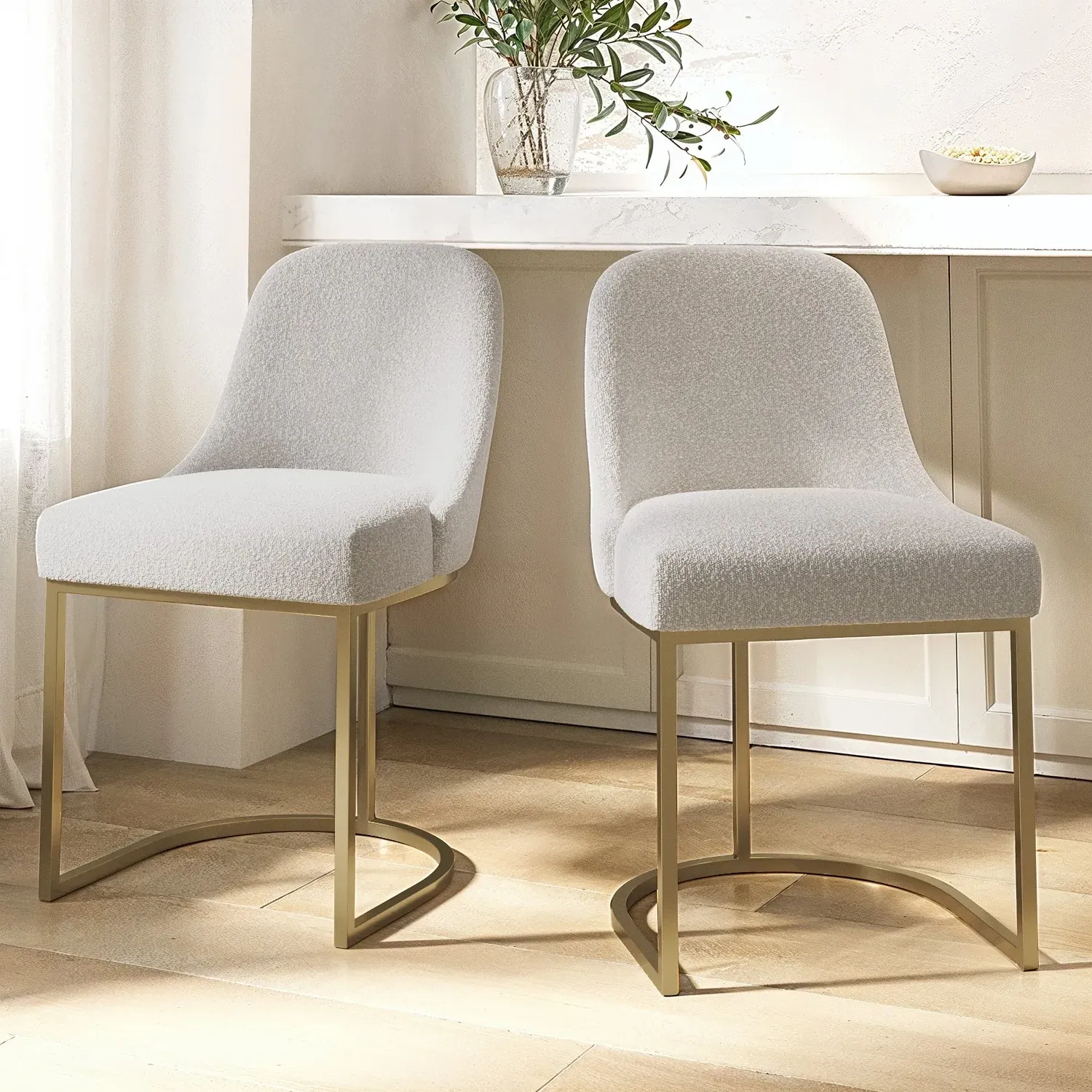 Set of 6 Dining Chairs - Beige, Boucle