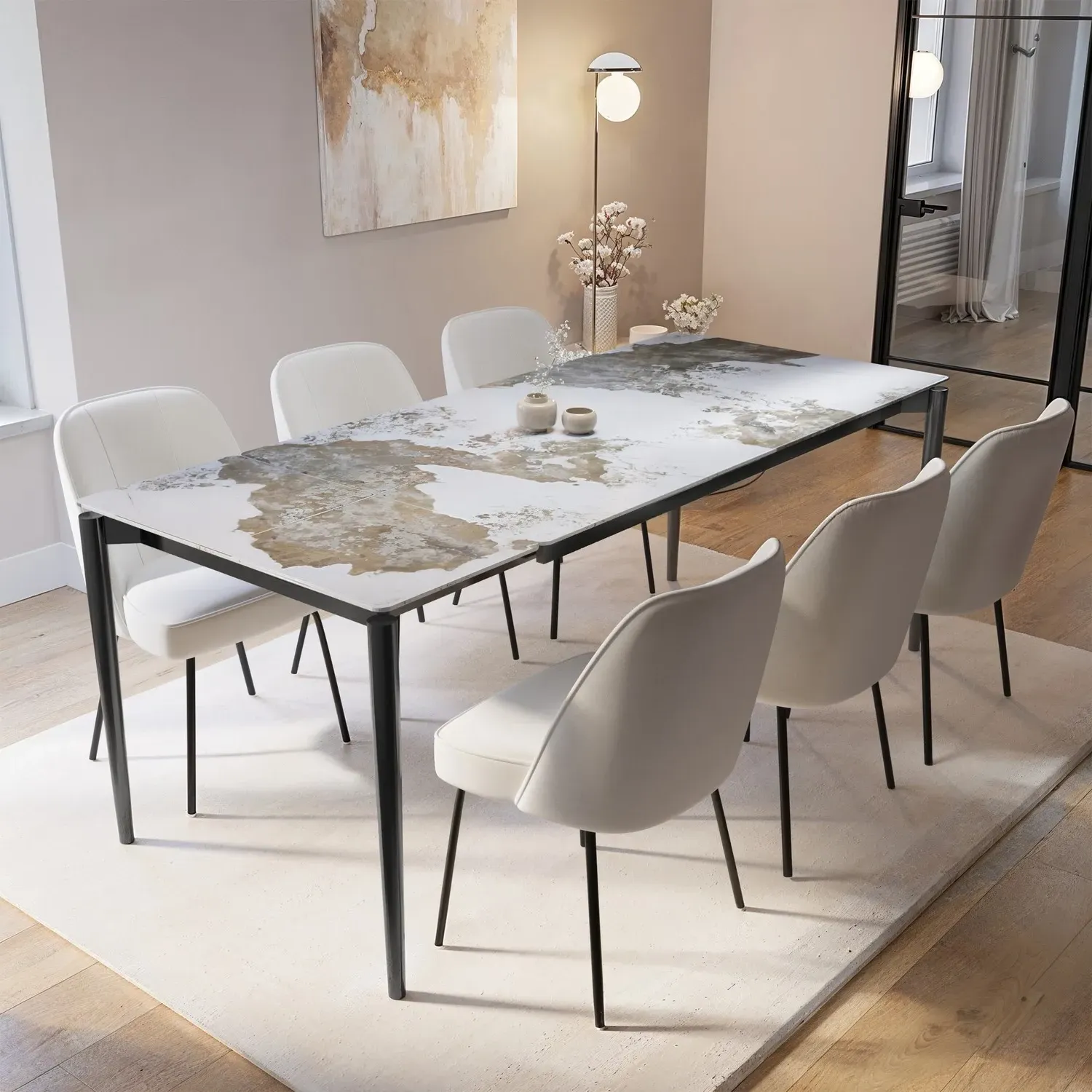 Extendable Dining Set with 6 Chairs - Beige, Ceramic image