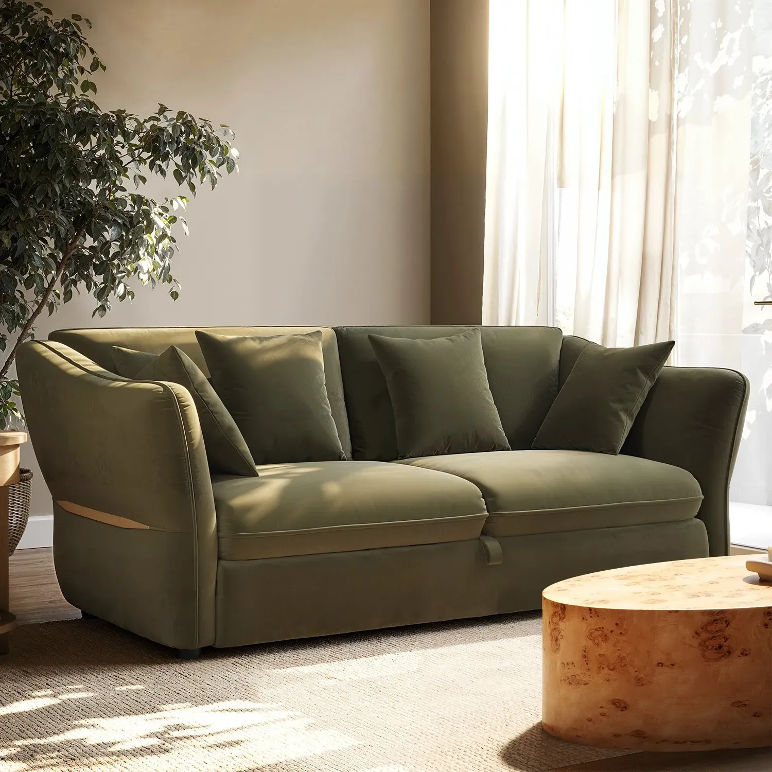 3-Seater Sofa Bed with Pull-Out - Green, Velvet